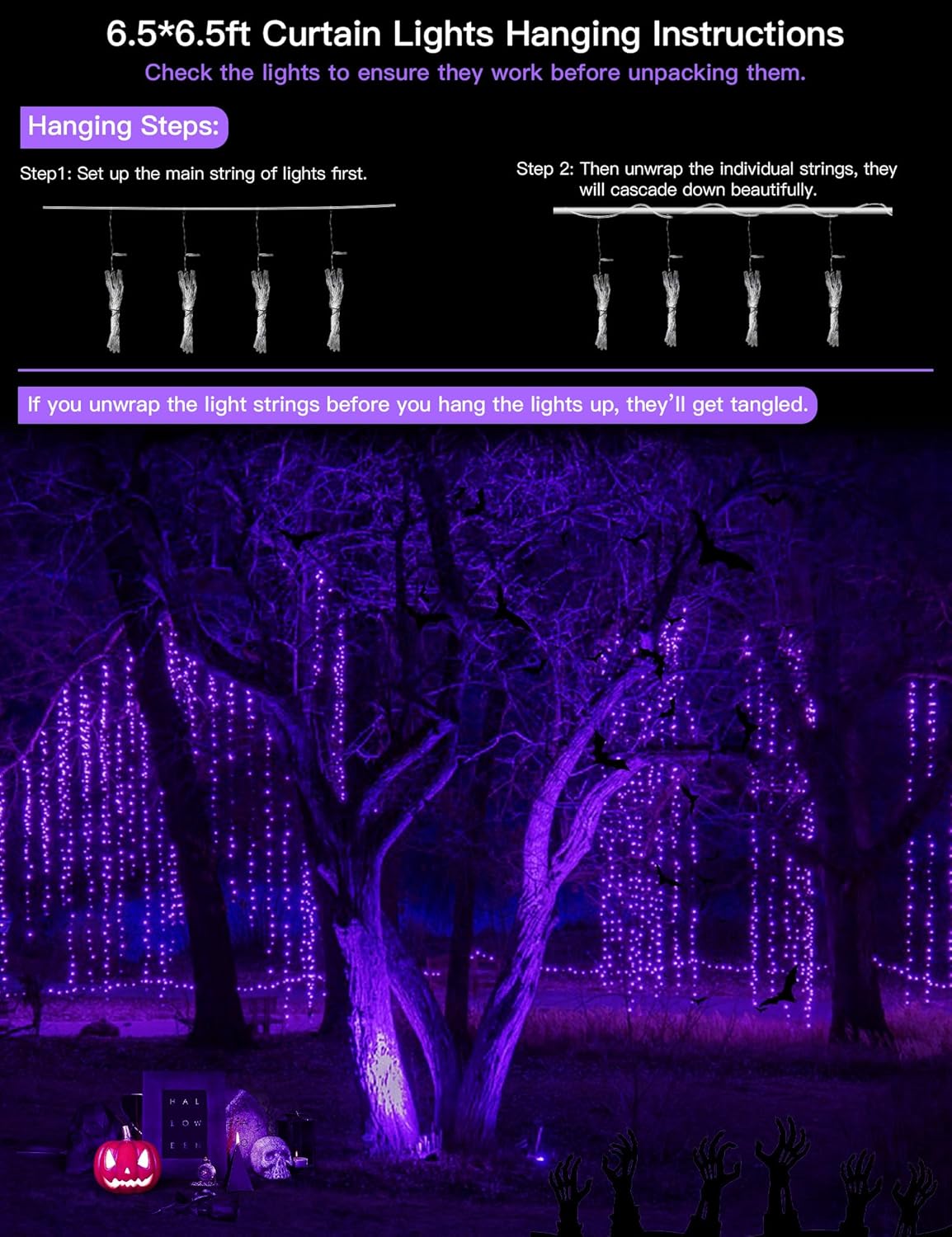 suddus Purple Curtain Lights for Halloween, 200 LED Hanging String Lights with USB Plug, Curtain String Lights Indoor for Bedroom Wall, Christmas, Party, Porch, Holiday Decorations, 6.5ft * 6.5ft