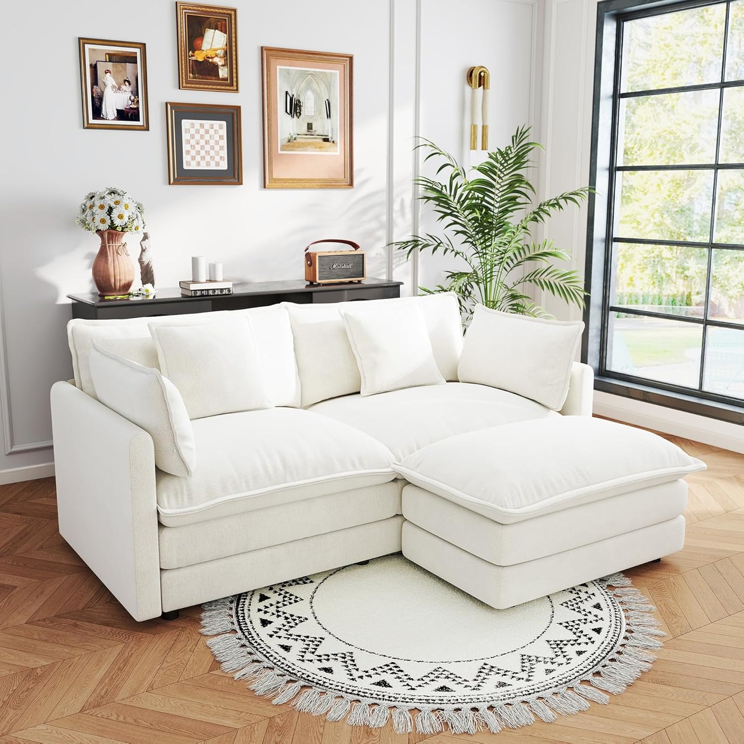 Sectional Sofa 2 Seater with Movable 1 Ottoman,Oversized Modular Couch Deep Seat (Beige, 76.7 inch-L)