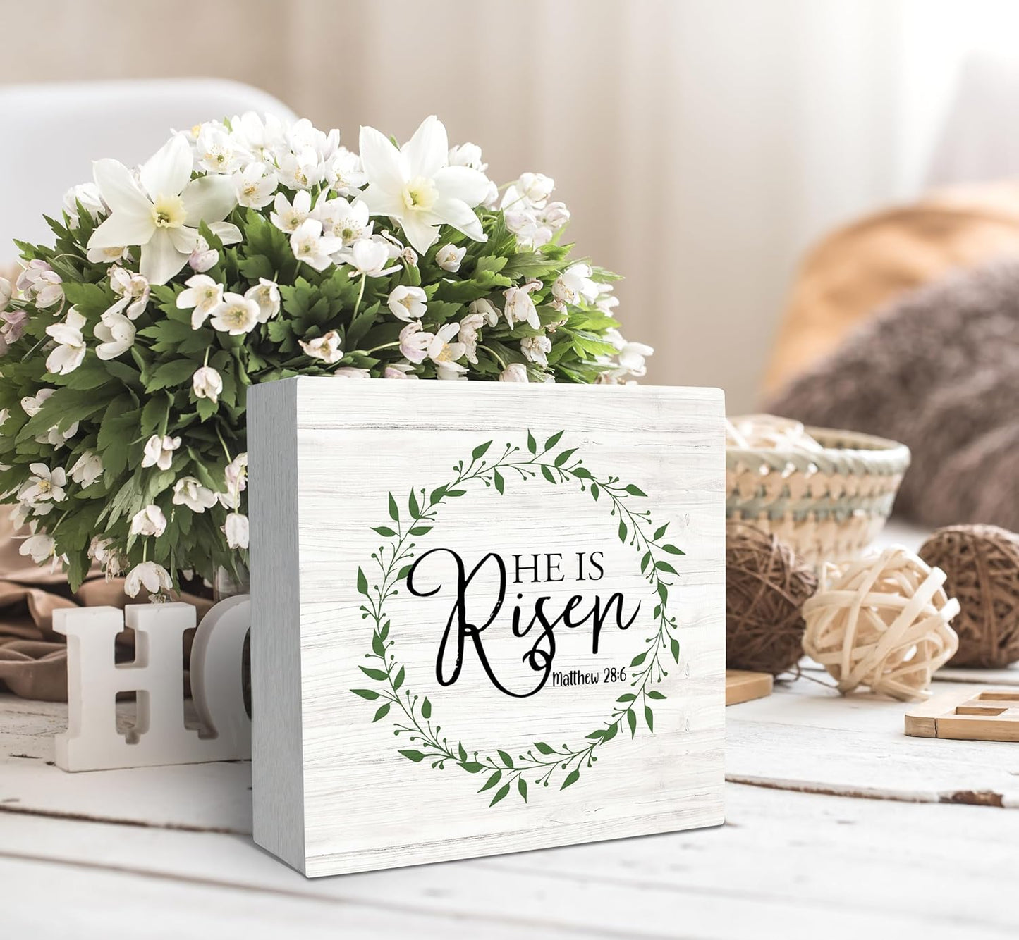 SRADMO He Is Resen Wood Box Sign Desk Decor, Christian Decor Wooden Sign Decoration For Home Office, Wooden Sign Decorations Indoor, Christian Signs For Home Decor Shelf Table Decor