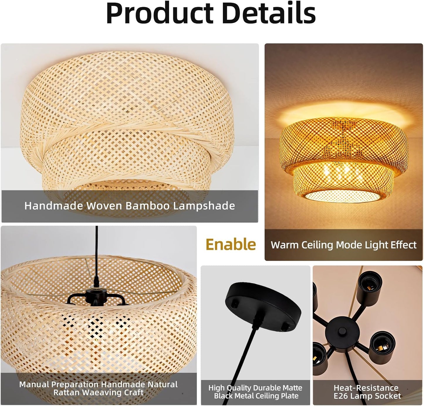 23.62" Bamboo Pendant Light,4-Light Boho Rattan Hanging Light,Hand Woven Wicker Chandelier for Kitchen Island for Kitchen Island Dining Bedroom Living Room Restaurants