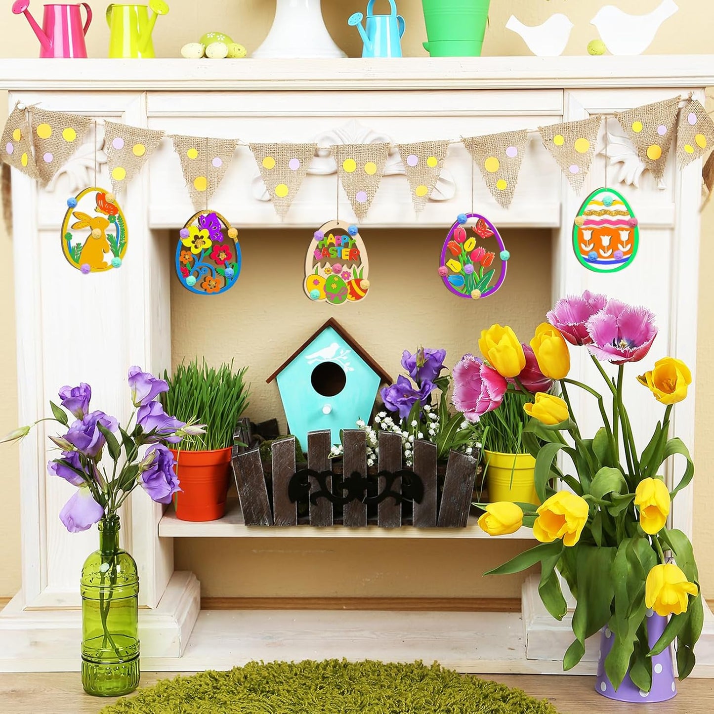 36PCS Wooden Easter Ornaments to Paint, 6 Styles DIY Blank Unfinished Wood Egg Cutouts Ornament for Crafts Hanging Decorations Happy Easter Hallow Egg Rabbit Bunny Butterfly Flower Hen