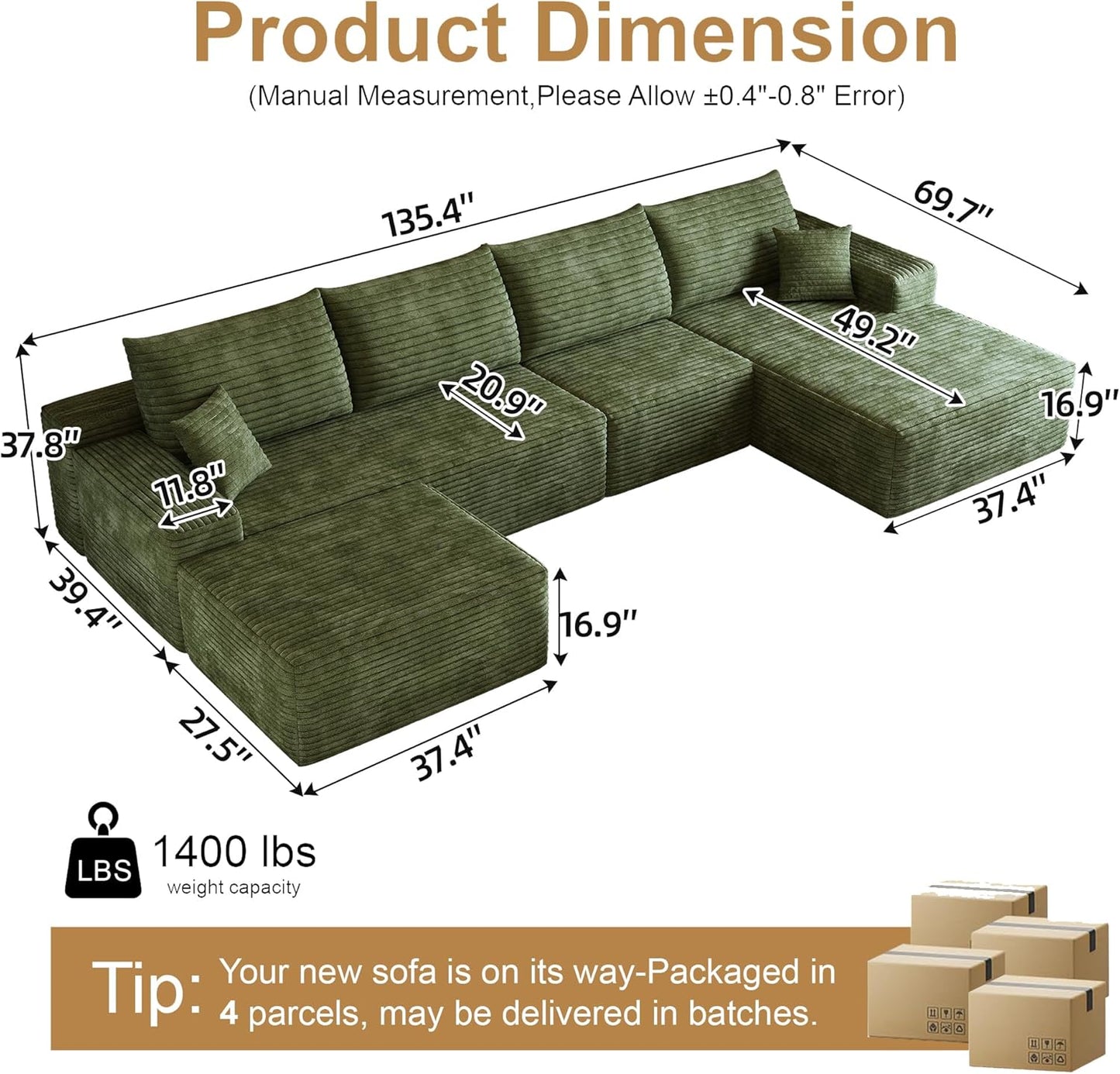 108" Sectional Couches for Living Room Modern Modular Sofa with L-Shape Couchs Upholstered Boneless Couch Deep Seat Sectional Couch with Chaise (Green, Right Facing Chaise+3Seaters+Ottoman)