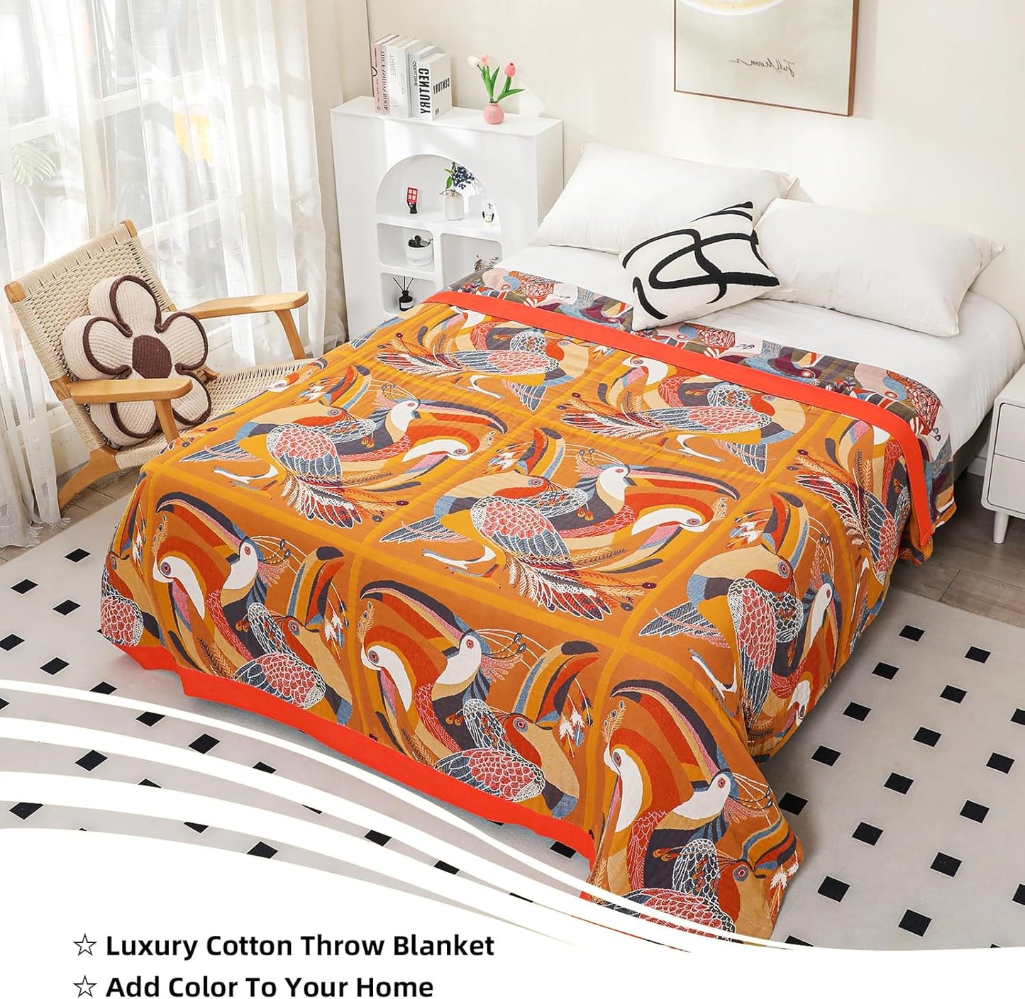 Boho Large Throw Blanket, 100% Organic Muslin Cotton Breathable Soft Bed Throw - Floral Bird Farmhouse Decor Blanket for Sofa Couch Chair Quilt and Gift. 80" x 90"- Colorful