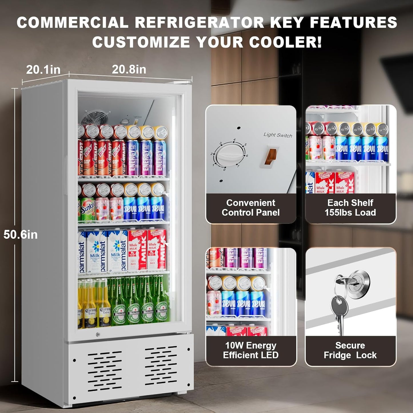 6.5 CUFT Commercial Beverage Refrigerator Glass Door Display Cooler Drink Beer Milk Fridge for Bar Restaurant Office