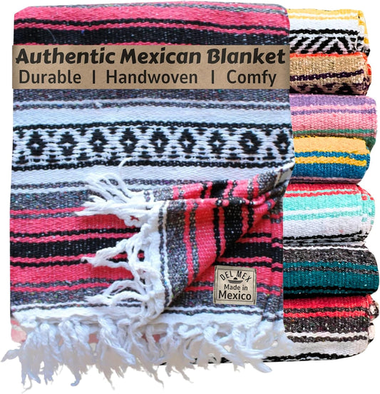 Del Mex Classic Mexican Blanket, Large Authentic Woven Falsa Throw (70"x50"), Artisan Southwest Décor for Beach, Yoga, Outdoors (Salmon)