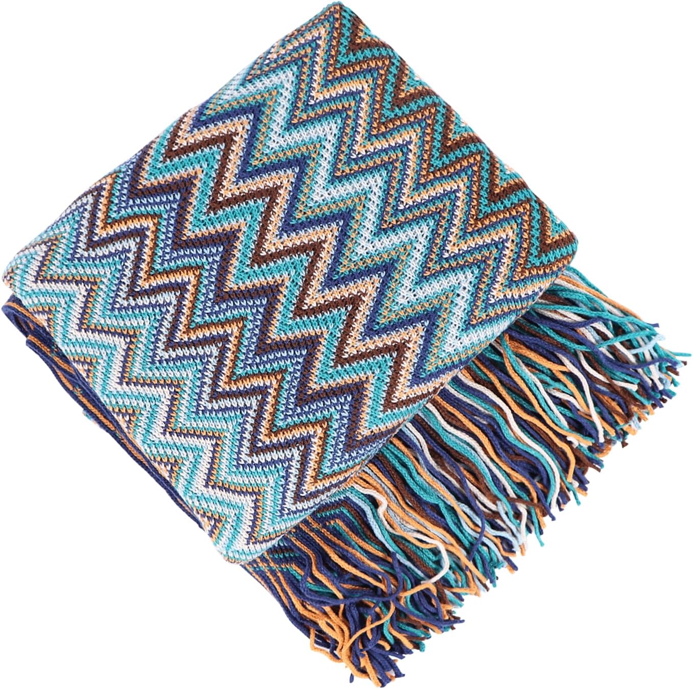 Boho Throw Blanket - Bohemian Fringe Tassels， for Bed Couch Soft ChairBlanket Double Sided (50"x70") (Blue)