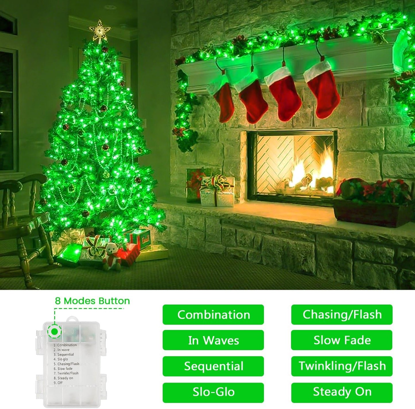 2 Pack Halloween String Lights Battery Operated with Timer, 66FT 200 LED Waterproof Battery Fairy Lights, 8 Modes Twinkle Light for Indoor & Outdoor Party Bedroom Garland Tree Christmas Decor (Green)