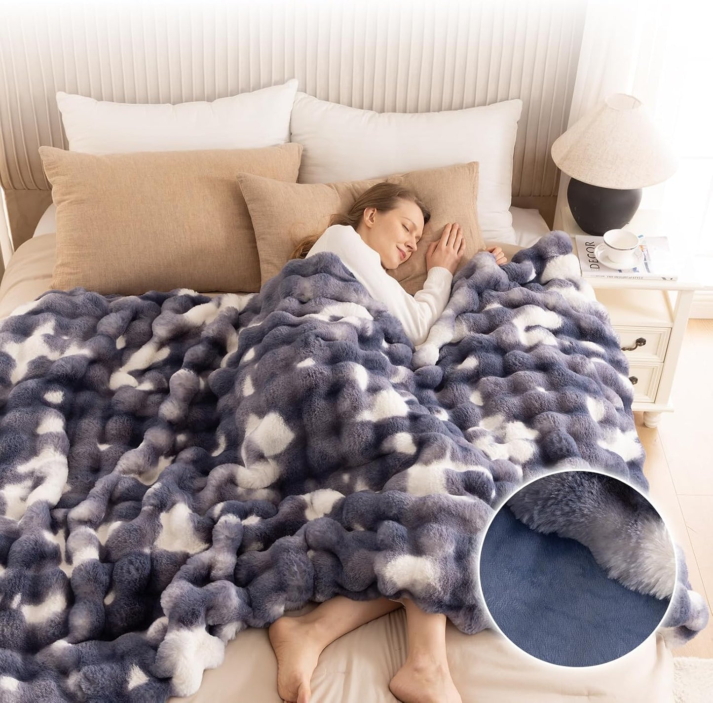 Cozy Faux Fur Throw Blanket for Bed Warm Fuzzy Throw Blanket, Soft Plush Thick Bubble Blankets for Bedroom and Living Room, Furry Luxury Blanket, 90 x 90,Tie-Dye Blue