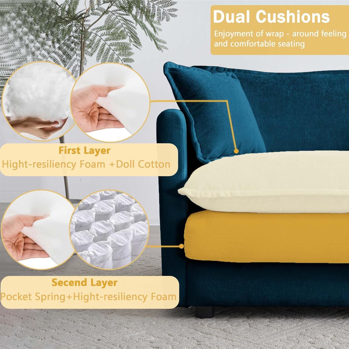 Sectional Sofa 3 Seater with Movable 1 Ottoman,Oversized Modular Couch Deep Seat (Blue, 111.5 inch-L)