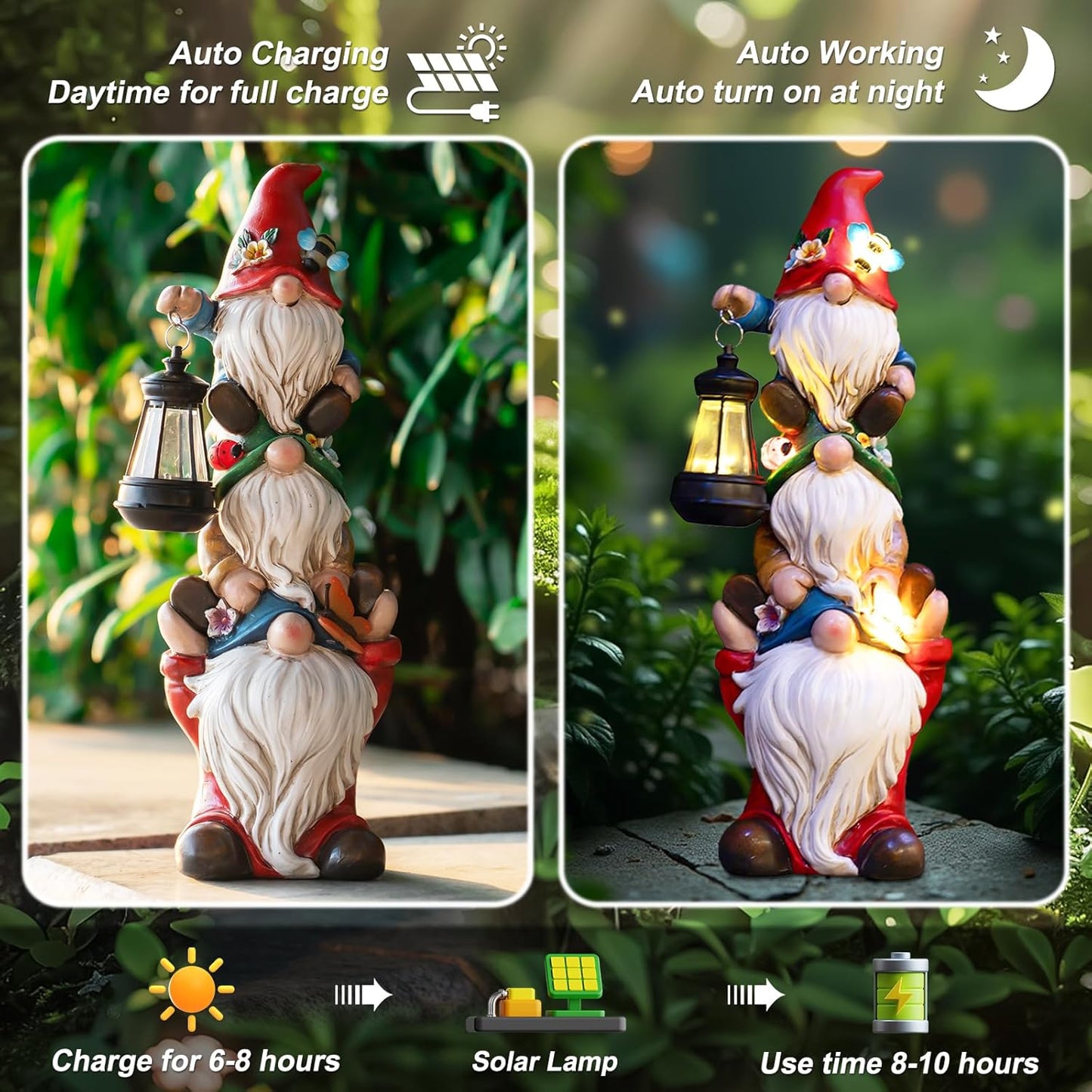 Garden Gnome Statue with Solar Lights Garden Sculptures Funny Triple Gnome Outdoor Patio Lawn Yard Balcony Garden Home Decor Birthday Gifts for Women Mom Grandma 12 in Fall Gnome