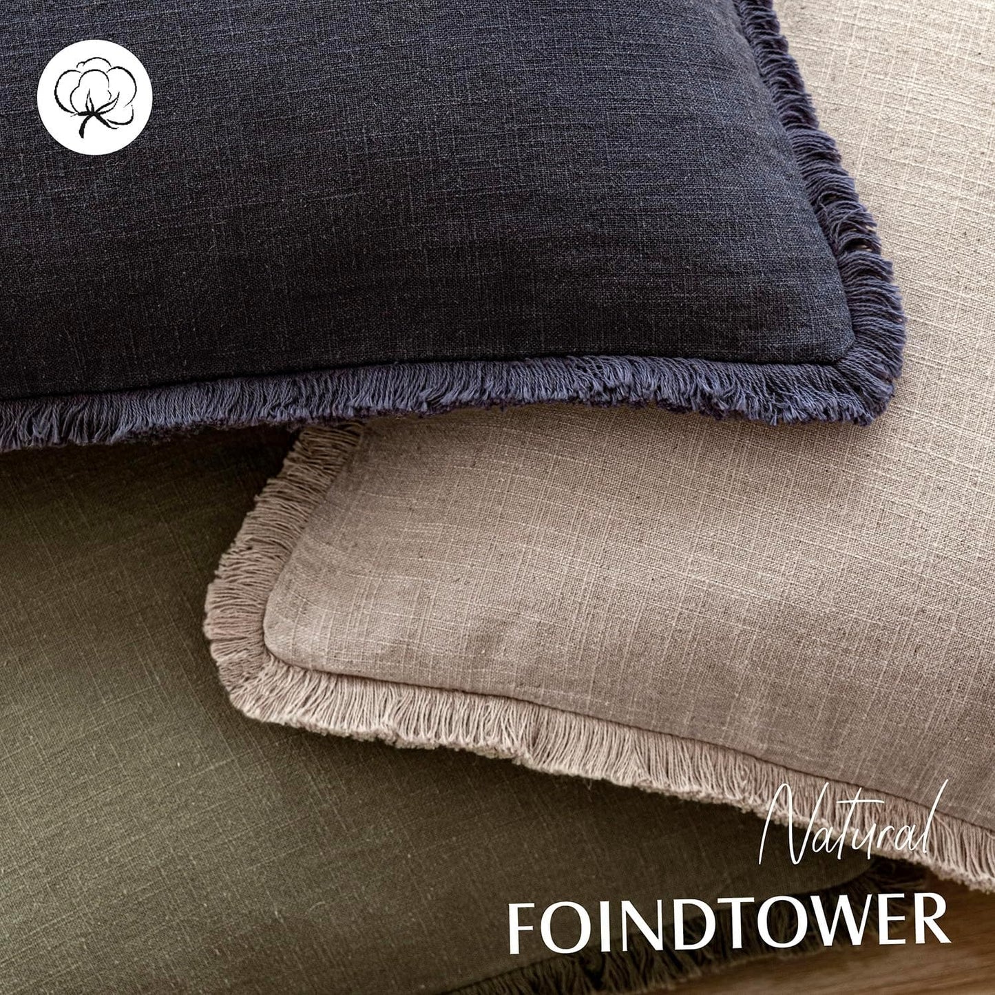 Foindtower Set of 2 Decorative Linen Fringe Throw Pillow Covers Farmhouse Cushion Cover with Tassels Soft Accent Pillowcase for Couch Chair Sofa Bed Living Room Home Decor,16×16 Inch,Natural Linen