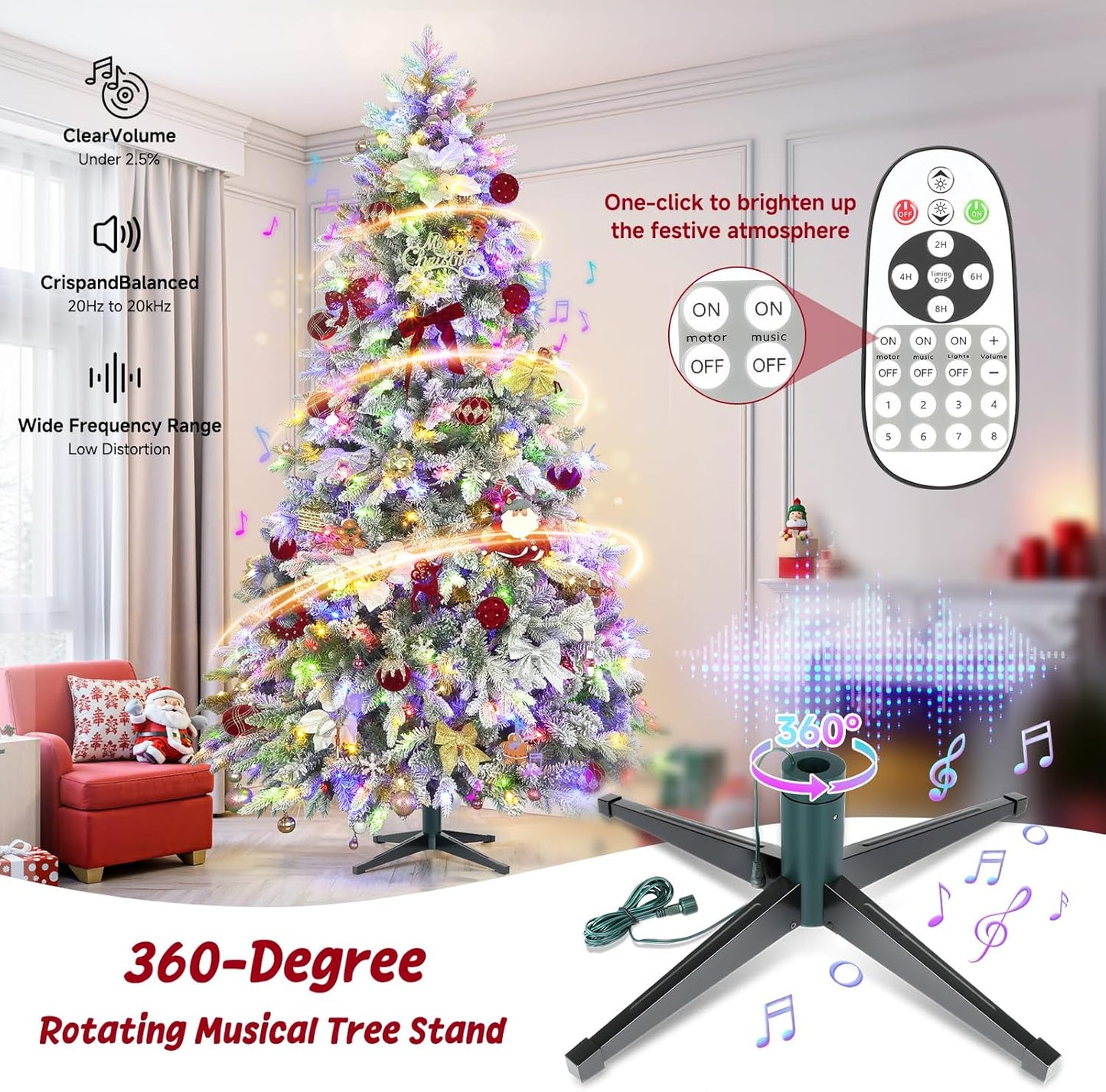 7.5ft 360° Rotating Pre-Lit Snow Flocked Christmas Tree, Built-in Music, Remote Control, 8 Light-Modes, White Christmas Tree for Home Decor