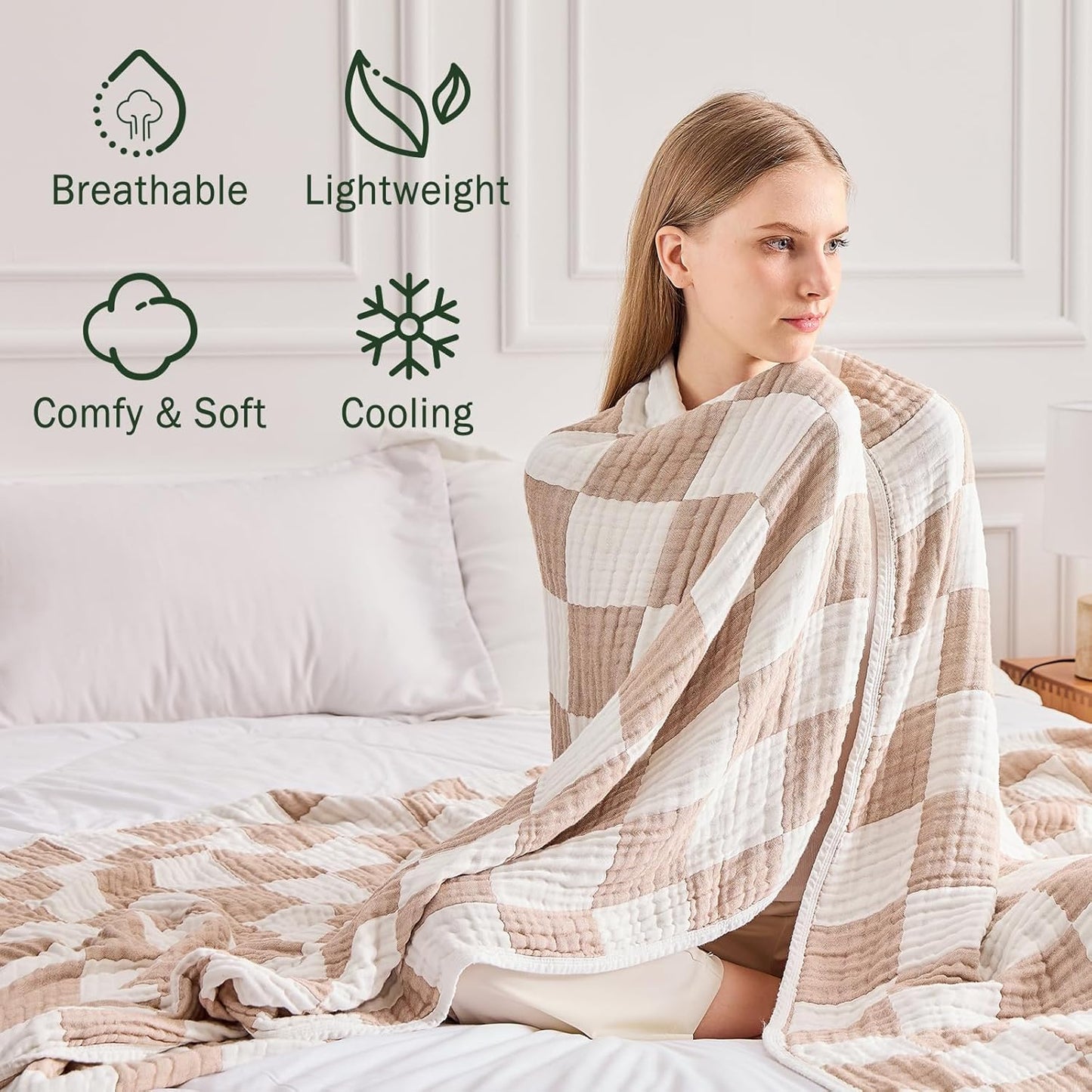 EMME Checkered Throw Blanket Cooling Cotton Blanket for Couch Soft Muslin Blankets 50"x60" Lightweight Breathable Cooling Soft All Season Gauze, Light Tan