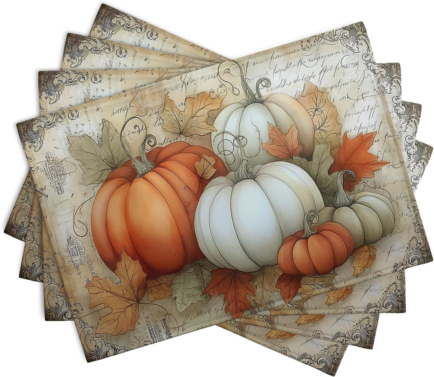 Fall Pumpkin Placemats Set of 4 Vintage Autumn Maple Leaf Seasonal Place Mats 12x18 Inch Thanksgiving Farmhouse Linen Fabric Table Mats for Party Kitchen Dining Outdoor Indoor Decor