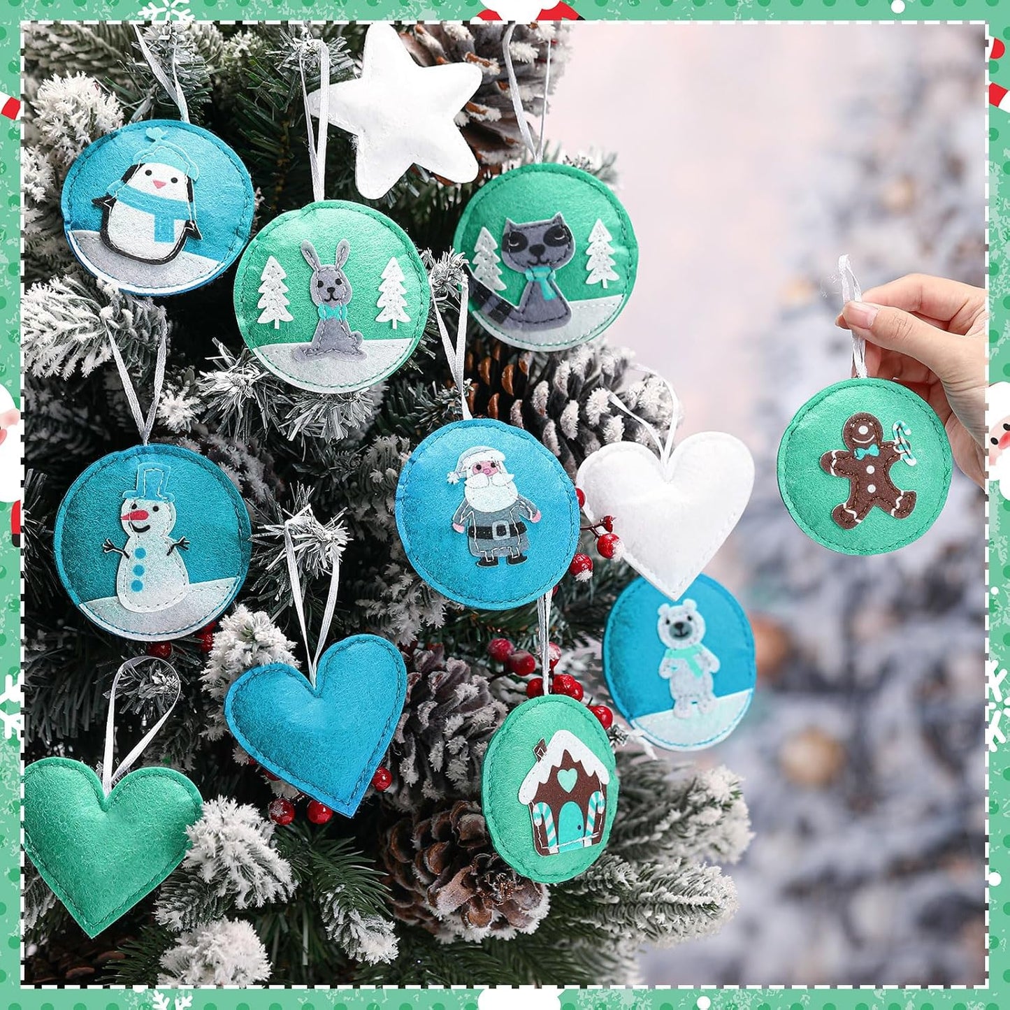 12 Pcs Christmas Felt Ornaments for Tree Santa Claus Snowman Gingerbread 3D White Mint Turquoise Color for Hanging Decoration Felt Craft for Christmas Party Favors Gifts