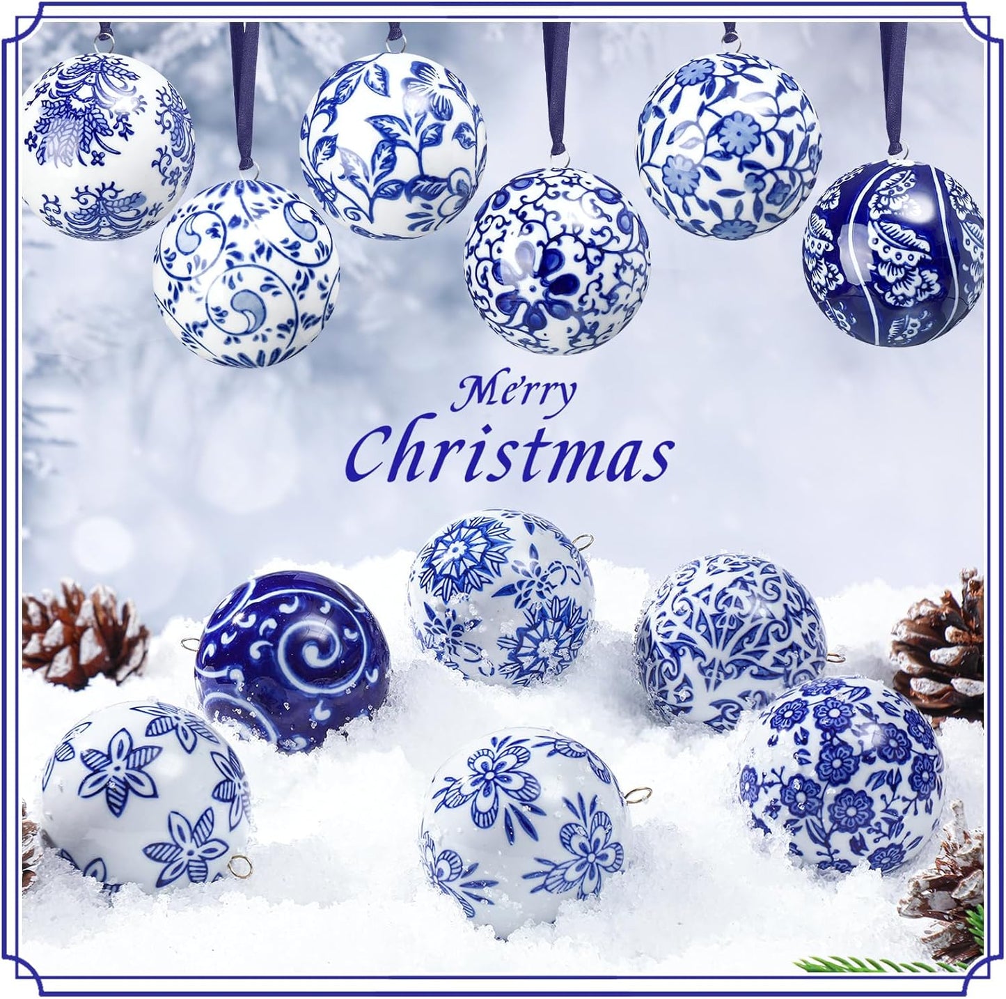 Cindeer 12 Pcs Blue and White Christmas Porcelain Balls 2.4 Inch Porcelain Chinoiserie Ornament Bulk Christmas Ceramic Hanging Decorative for Tree Home Xmas Party (Elegant Style)