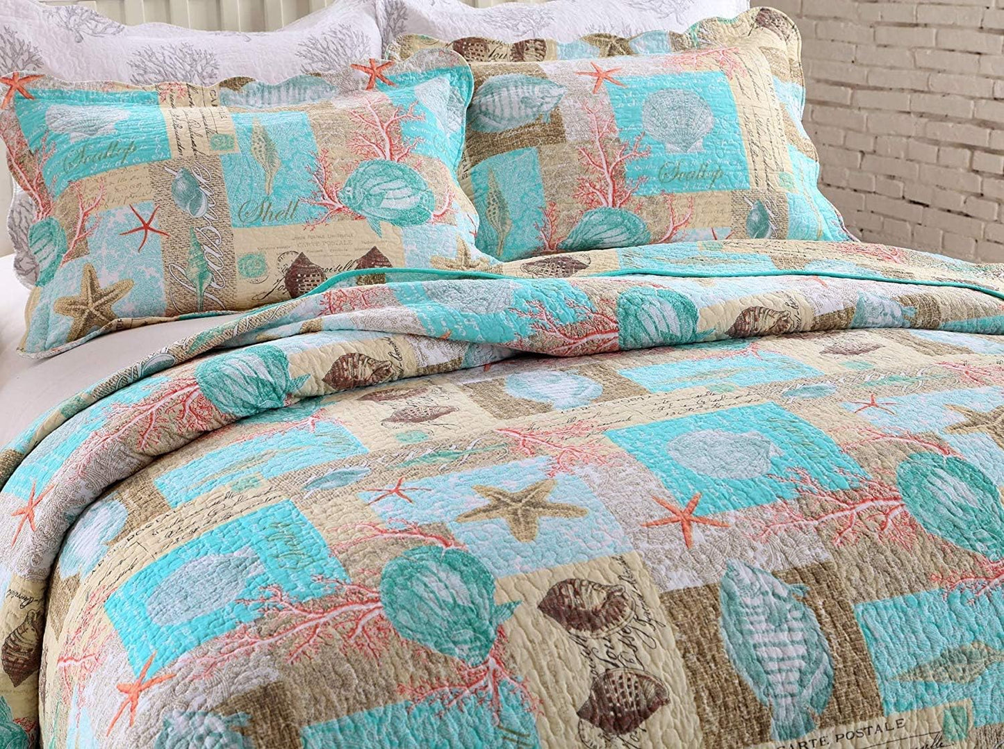 YAYIDAY Quilt King Size Bedspread Set - 100% Cotton Reversible Breathable Star Fish Coral Shell Style Quilted Quilt with Pillow Shams for All Seasons