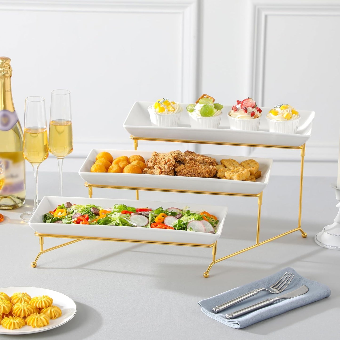 MALACASA 3 Tier Serving Trays for Party, 14 Inch Porcelain White Trays for Serving Food, Dessert Stand with Collapsible Gold Metal Rack
