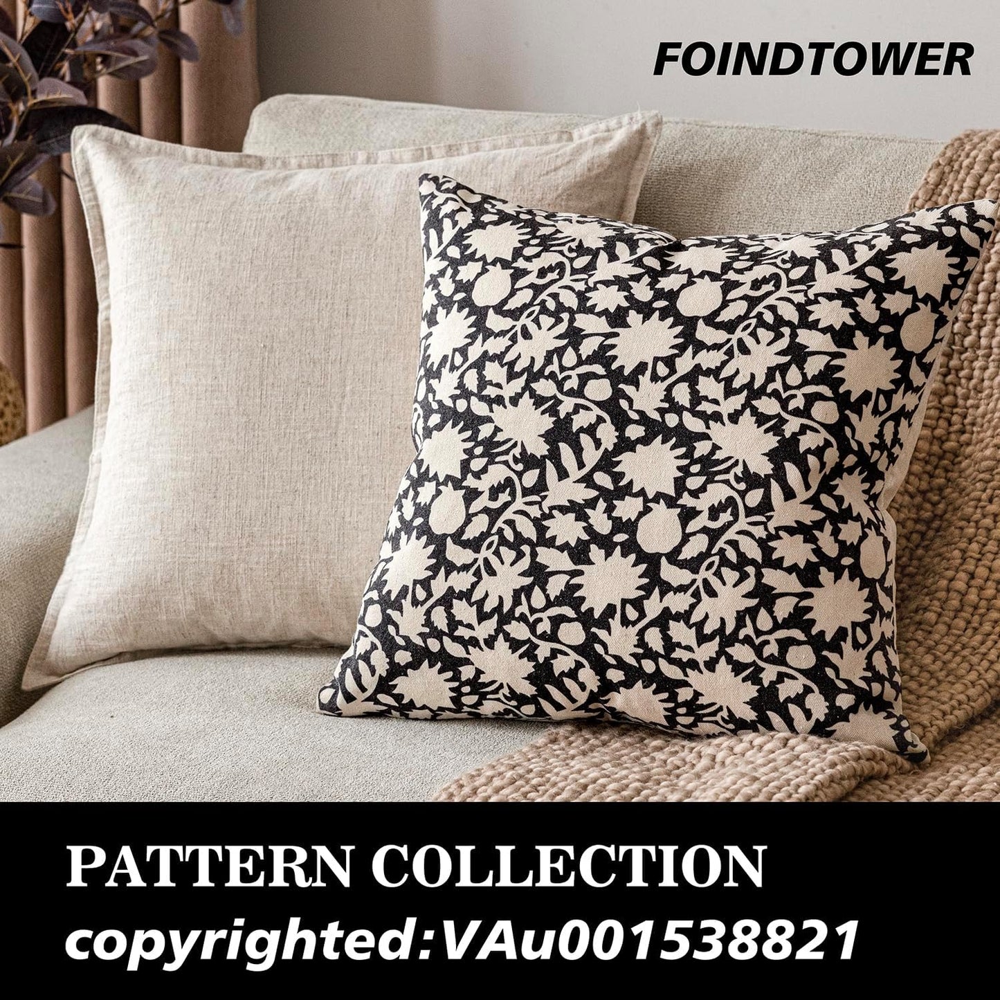Foindtower Set of 2 Decorative Neutral Floral Throw Pillow Covers Accent Farmhouse Cushion Covers Boho Vintage Pillowcase for Couch Sofa Bedroom Living Room Home Decor Outdoor20×20 Inch,Black