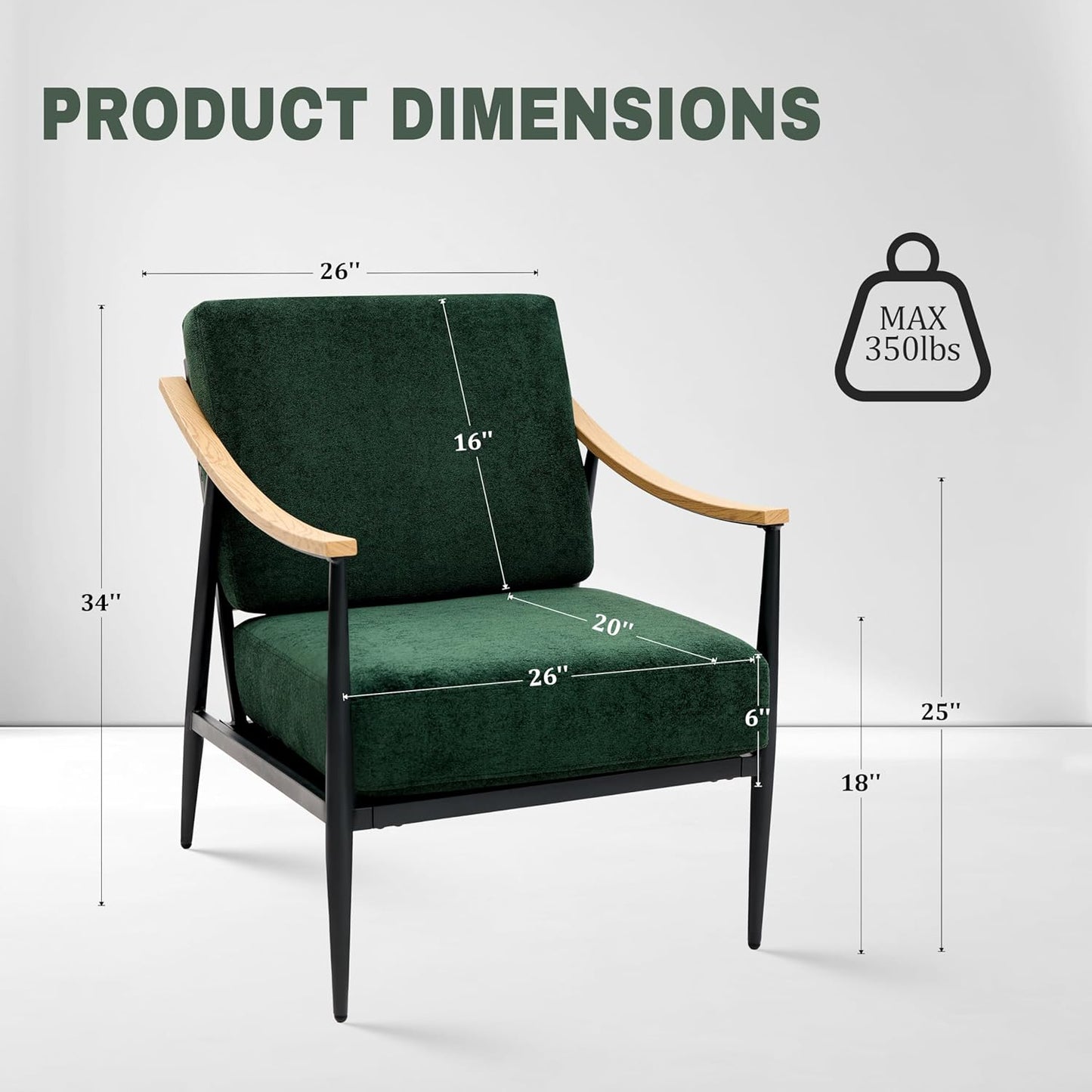 Modern Accent Chair for Living Room Bedroom Mid Century Arm Chair Upholstered Office Accent Chair Comfy Waiting Room Chair with Metal Frame, Green