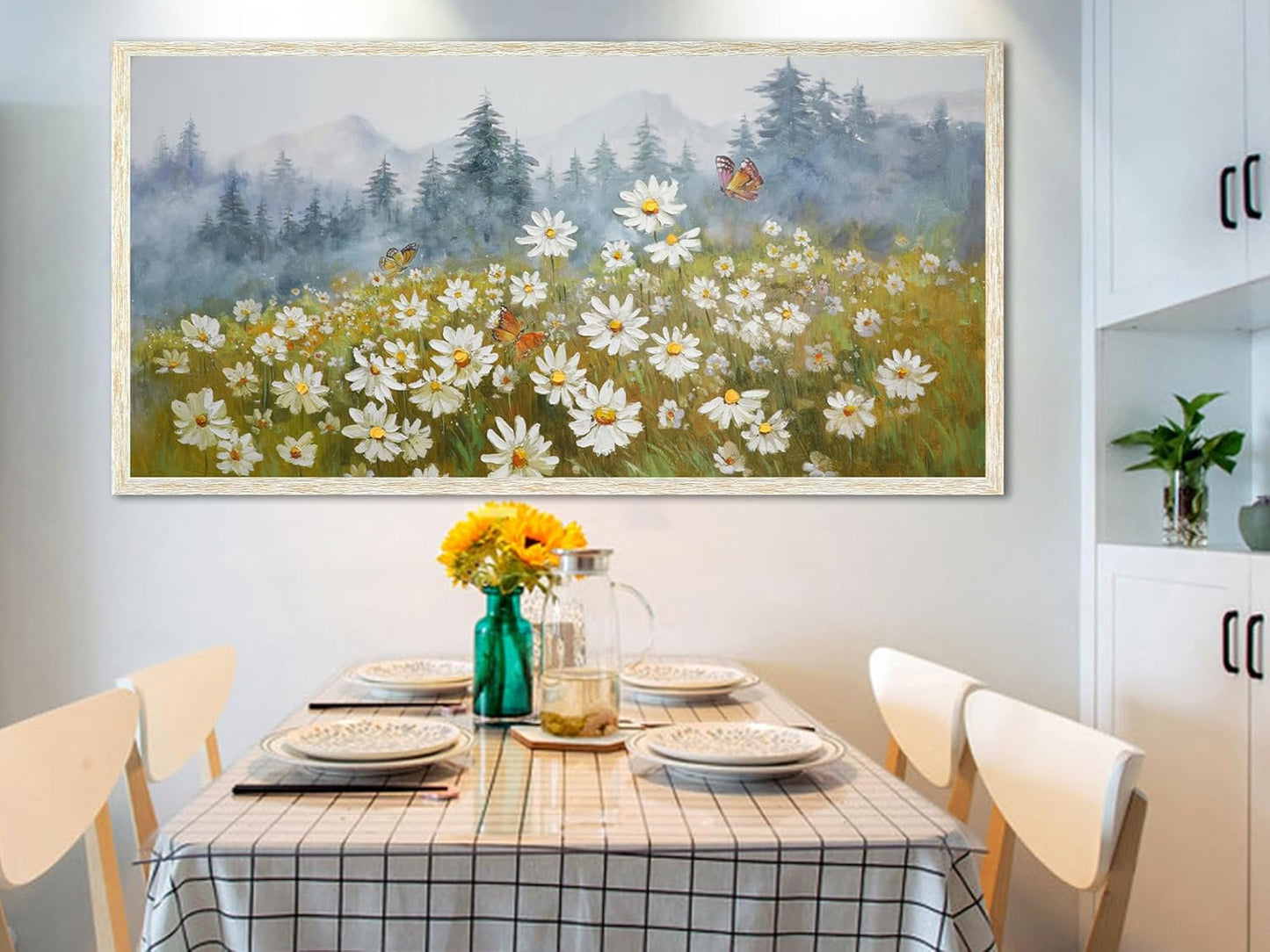 Arjun Flower Wall Art Canvas Landscape Daisy Painting Mountain Picture White Daisy Textured Floral Artwork for Living Room Bedroom Bathroom Office Home Wall Decor, Large Wood Grain Framed 48"x24"