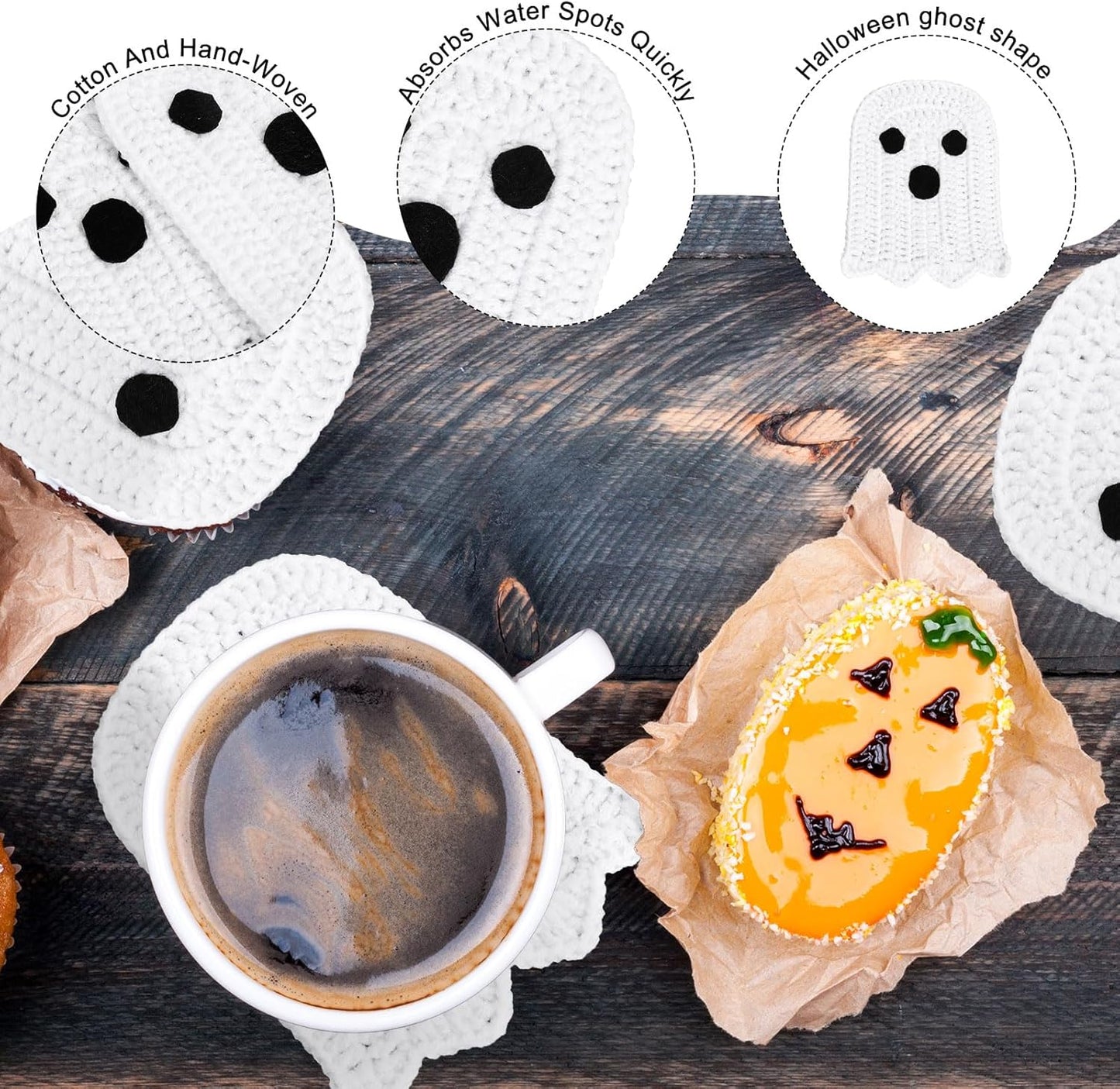 Whaline 4Pcs Halloween Ghost Coasters Handmade Crochet Drink Coasters Woven Fabric Cup Mat for Home Kitchen Party Table Decor