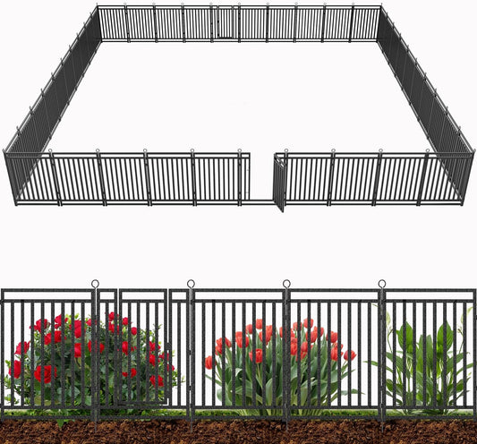Decorative Garden Fence Metal Dog Fence Outdoor for Yard, 92ft (L) × 40in (H), 35 Panels + 5 Gates, Rustproof Animal Barrier Fencing for Patio & Flower Bed, No Dig, Black-Silver