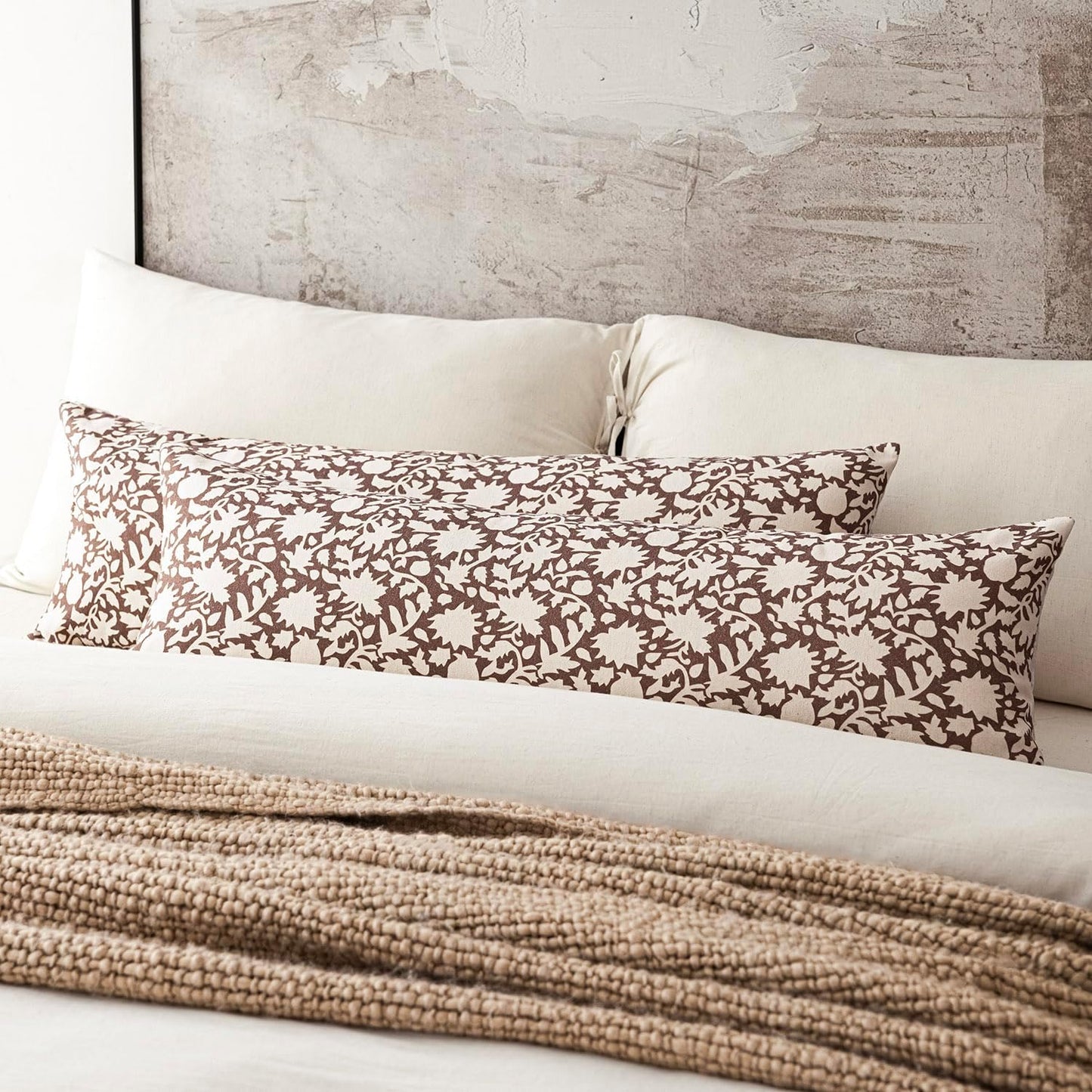 Foindtower Set of 2 Decorative Long Body Lumbar Throw Pillow Covers Accent Farmhouse Cushion Covers Floral Vintage Pillowcase for Couch Sofa Bedroom Living Room Home Decor Outdoor,14×36 Inch,Brown