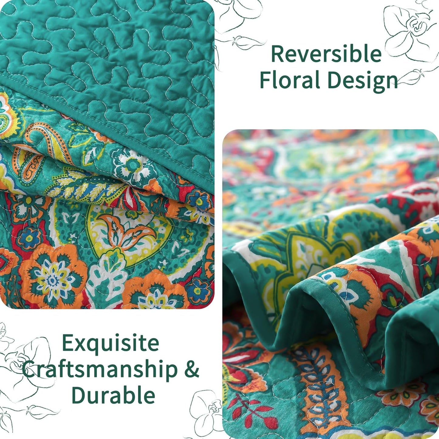 VAPUTAR Cotton King Quilt Bedding Set - 3Pieces Quilt King Size with Floral Pattern, Soft Lightweight Quilted King Size Bedspread (98*106 inch), Reversible Bedspread Coverlet Suitable for All Season