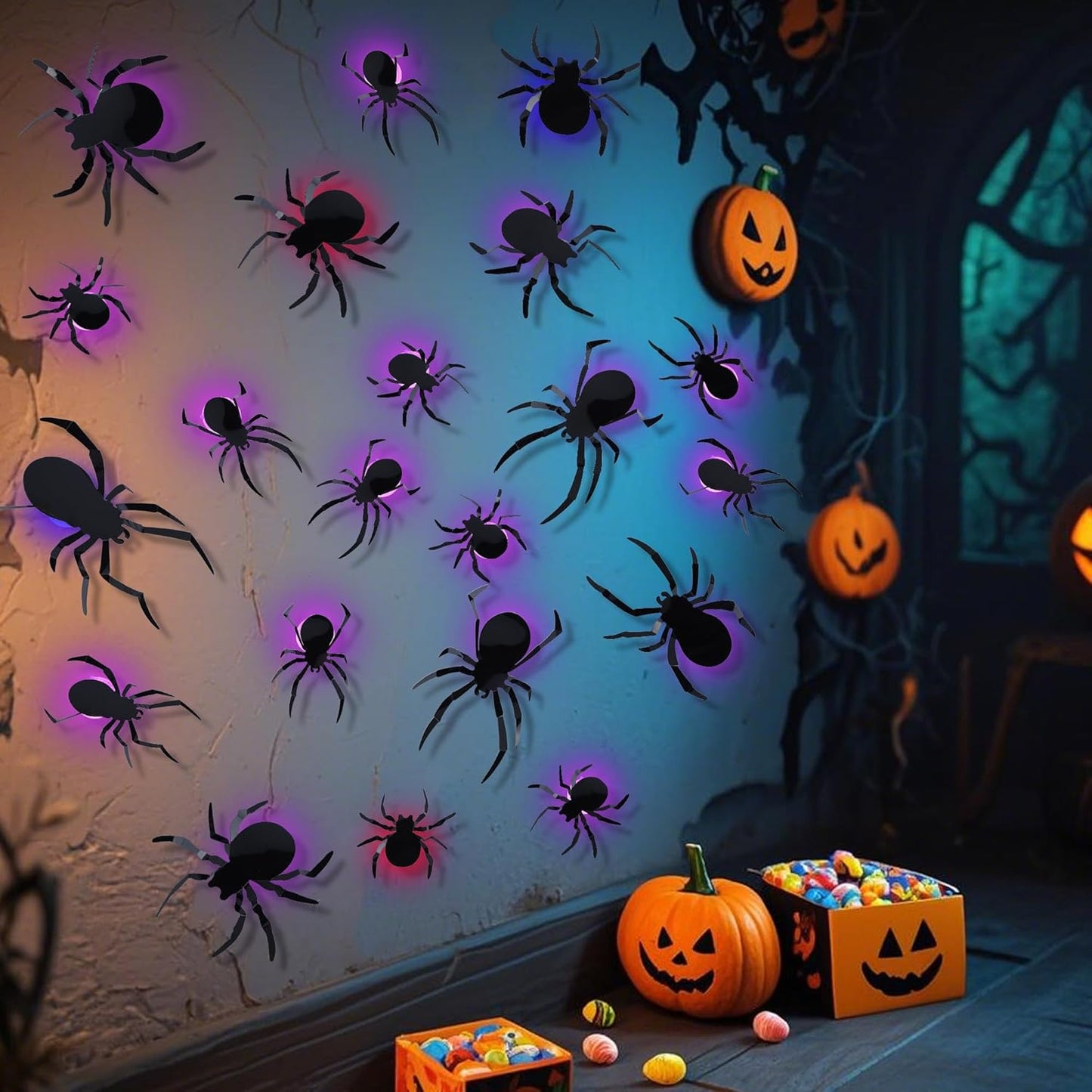 DR.DUDU 36 Pack Halloween Spider Wall Decor, 3D Window Stickers with Multi-Color LEDs, Removable Light up Spiders Wall Decals for Bathroom Home Door Party Indoor & Outdoor Decorations (Assorted Sizes)