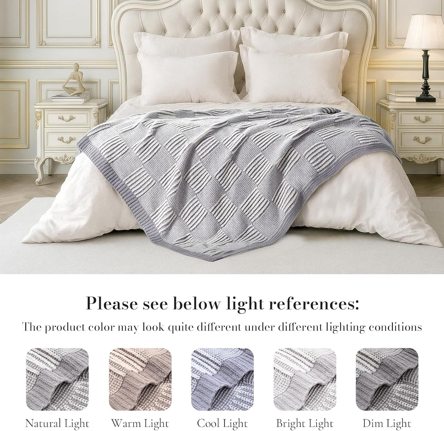 Amélie Home Chenille Knit Throw Blanket for Couch, Checkered Texture Decorative Soft Blanket for Sofa, Bed & Living Room, 50"x60", Grey & White