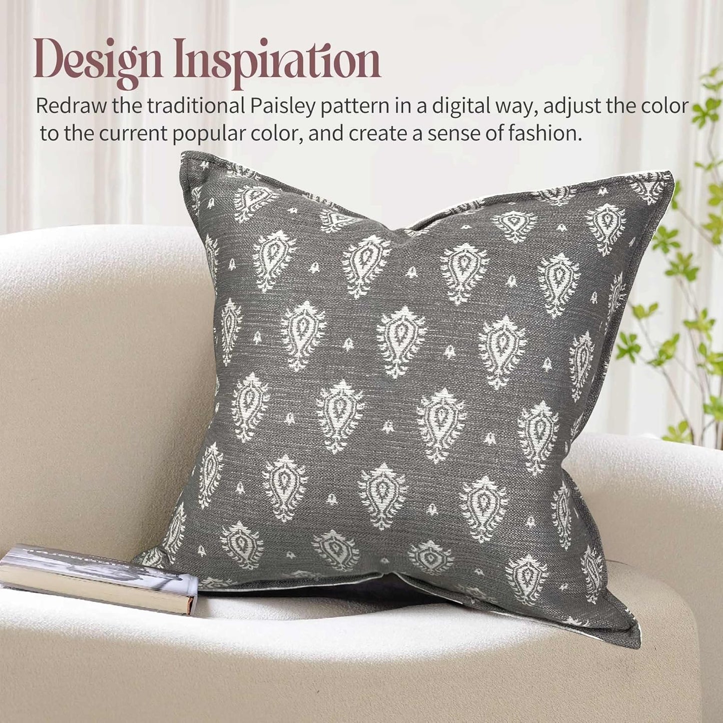 Floral Throw Pillow Covers 20x20 Set of 2, Dark Grey Decorative Pillow Covers Neutral Faux Linen Cotton Blend, Vintage Look for Couch, Sofa, Bed, Living Room