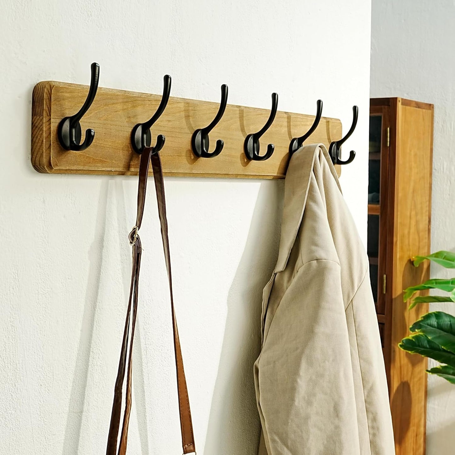 Dseap Wall Mounted Coat Rack: 24" Long, Patented, Heavy-Duty, 6-Double-Hooks Wooden Hanger Rail for Winter Coats, Hat, Jacket, Clothing - Weathered Brown, Pack of 2