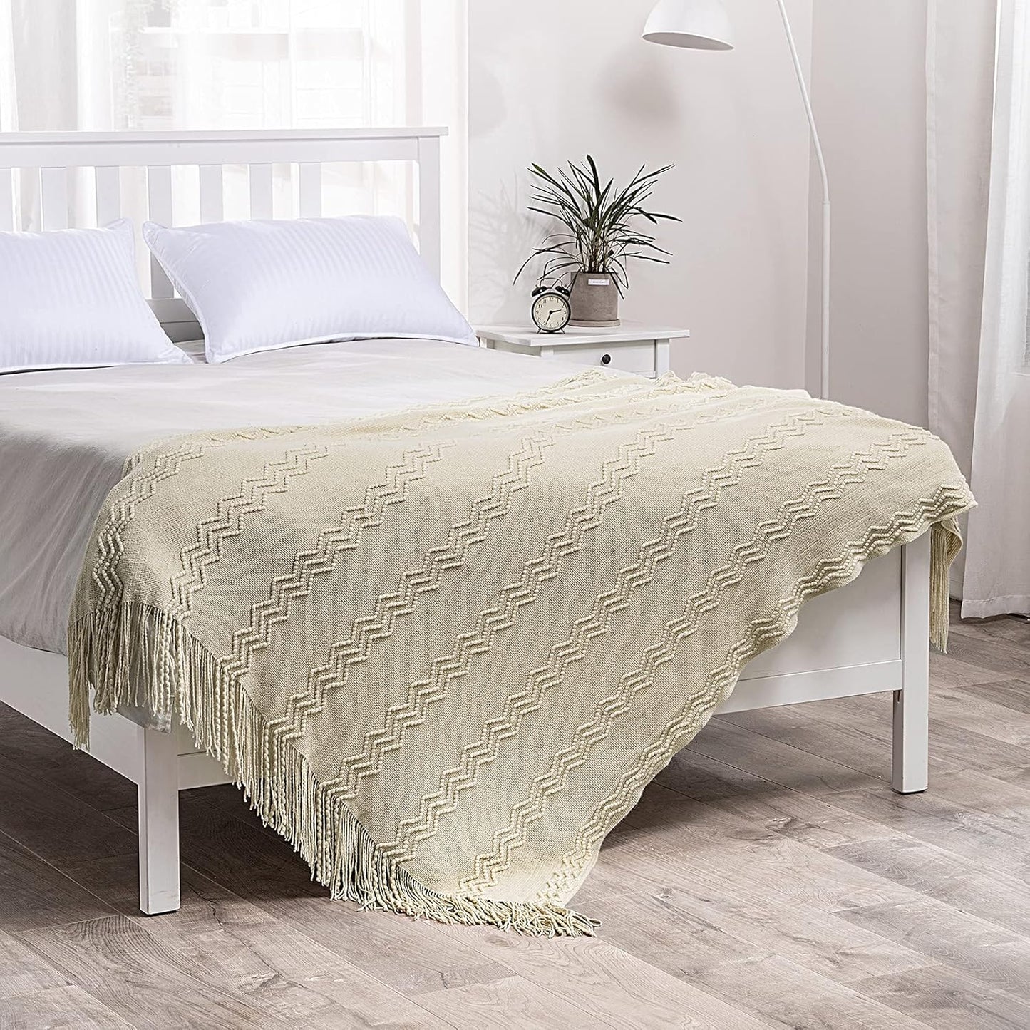 MIULEE Knitted Beige Throw Blanket Soft Sofa Knit Blanket for Couch 50 x 60 Inches, Solid Cozy Lightweight Wave Pattern Decorative Blankets with Tassels for Women, Kids and Babys