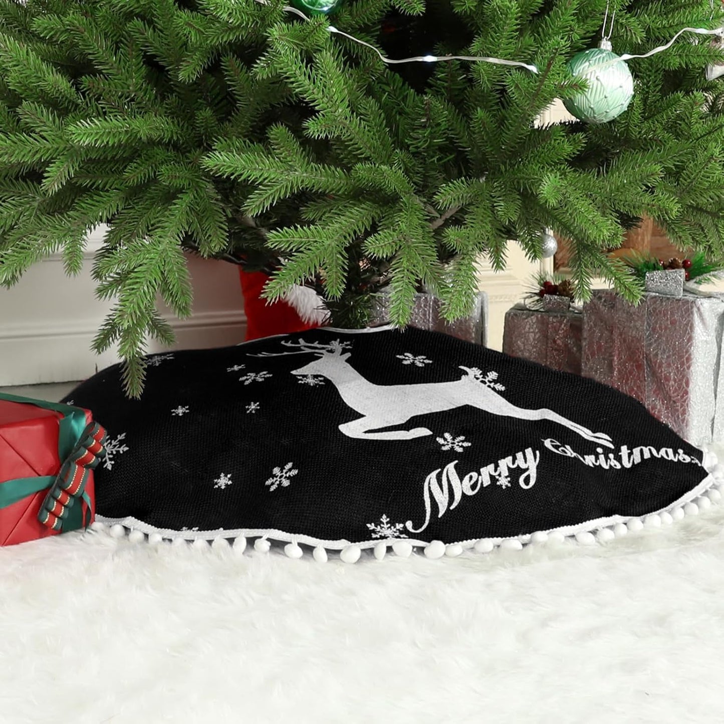 48 Inch Christmas Tree Skirt, Burlap Black Christmas Rustic Tree Skirt with Elk Deer and White Snowflake Printed for Holiday Party Xmas Tree Decoration