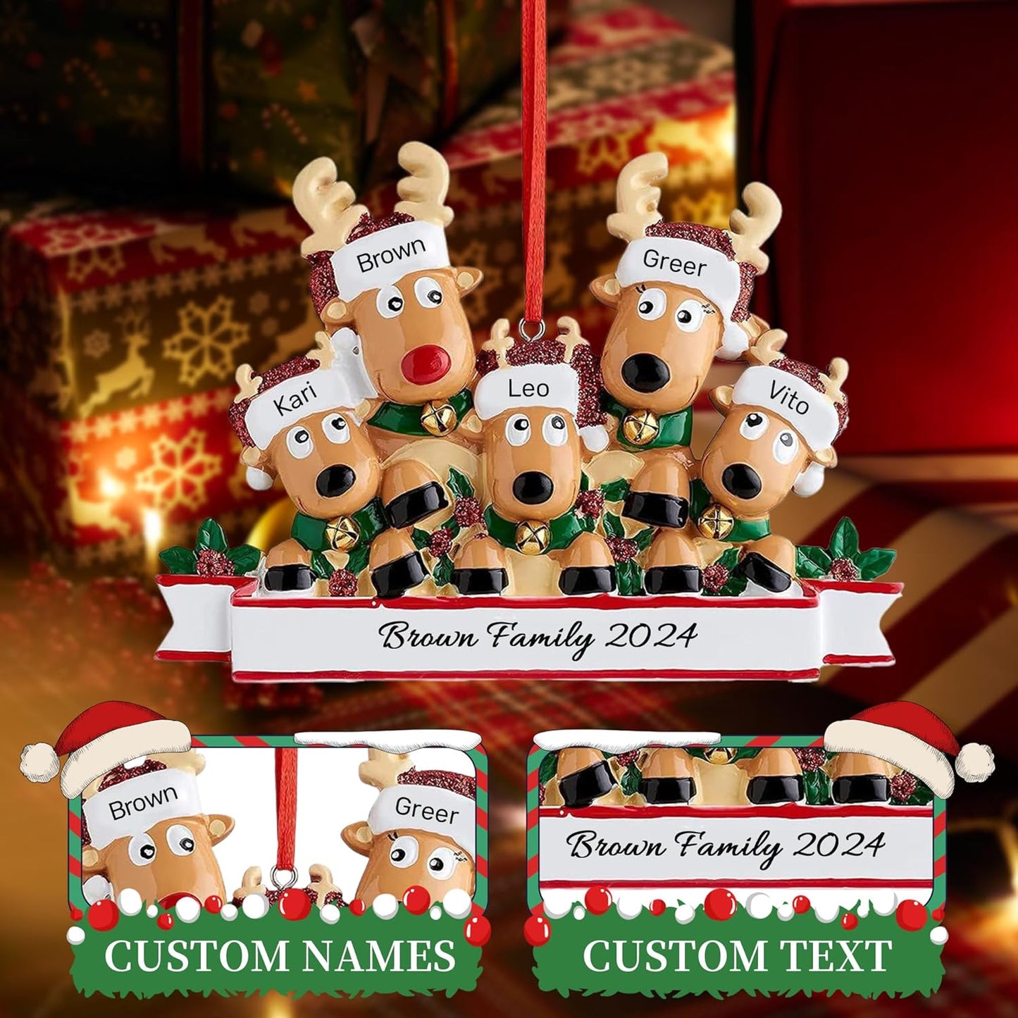 Personalized Christmas Ornaments 2025, Custom Reindeer Family Ornaments for Trees with Names, Handcrafted Christmas Deer Decorations for 2-8 Members, Meaningful Xmas Family of 5