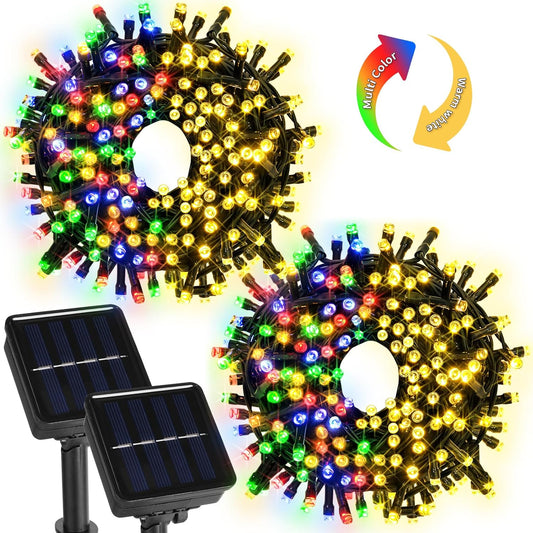 2 Pack 200 LED Solar String Lights, 8 Modes Solar Lights for Outside, Waterproof and Solar Powered Outdoor String Lights for Holiday Christmas Yard Garden Tree Wedding Party (2 Color Changing)