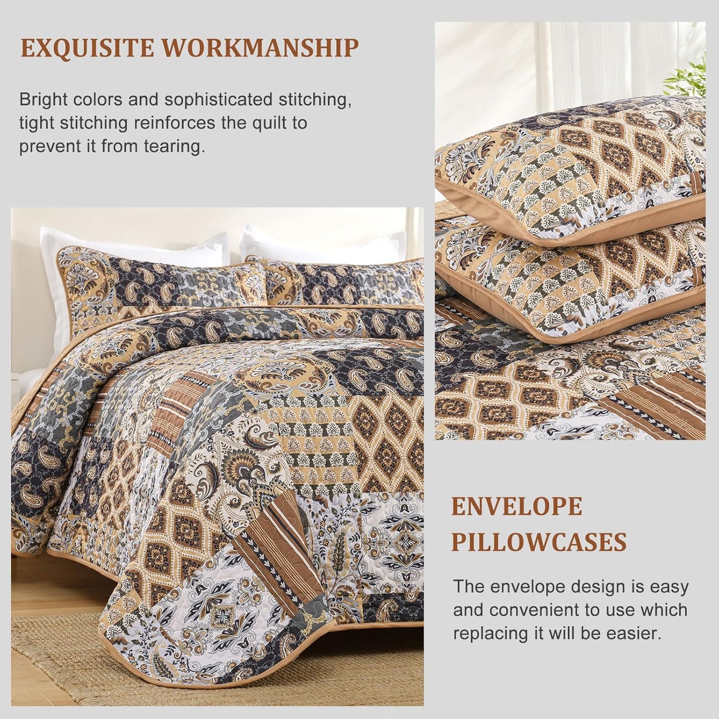 WONGS BEDDING Boho Quilt Set Queen Size, Dark Brown Plaid Patchwork Bedspread Bedding Set Soft Microfiber Quilt for Queen Bed Reversible 3 Pieces Coverlet Set for All Season (96"x90")