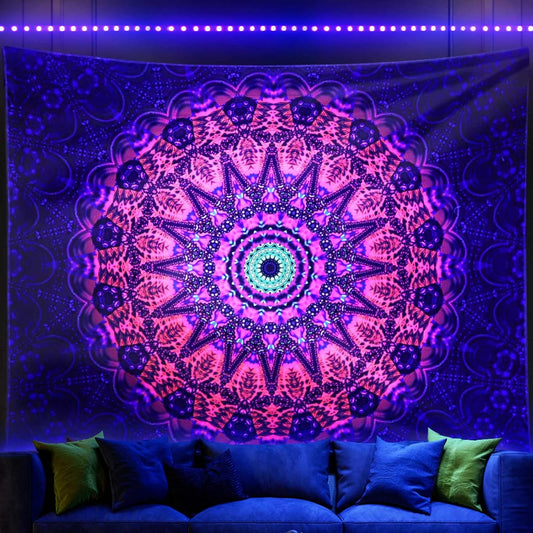 ADDWel Blacklight Mandala Boho Tapestry Glow In The Dark, Black Light Bohemian Hippie Poster Wall Hanging for Bedroom Aesthetic Wall and Room Decor (90" x 70", Mandala)