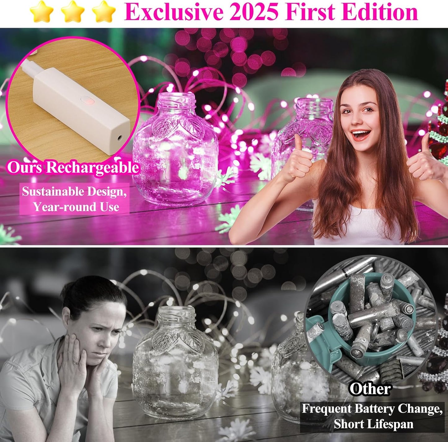 Lakumu Rechargeable String Lights Battery Operated, Fairy Lights with Timer, Mini LED Twinkle Lights for Bedroom, Christmas Decorations, Wedding, Vine, Centerpiece Table Decor (5M/16FT Pink)