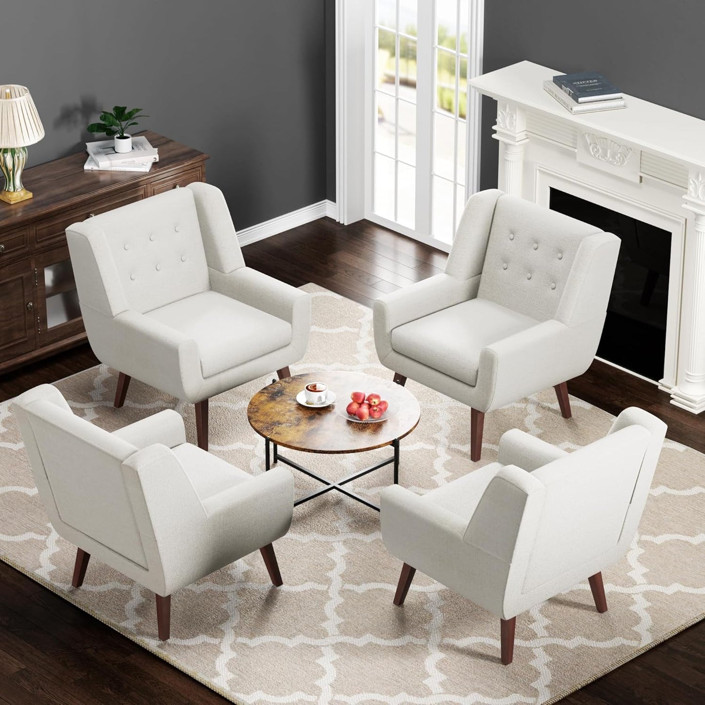 HUIMO Accent Chairs Set of 4, Upholstered Button Tufted Armchair, Linen Fabric Sofa Chairs for Bedroom, Living Room, Mid Century Modern Comfy Reading Chair (4, Beige)