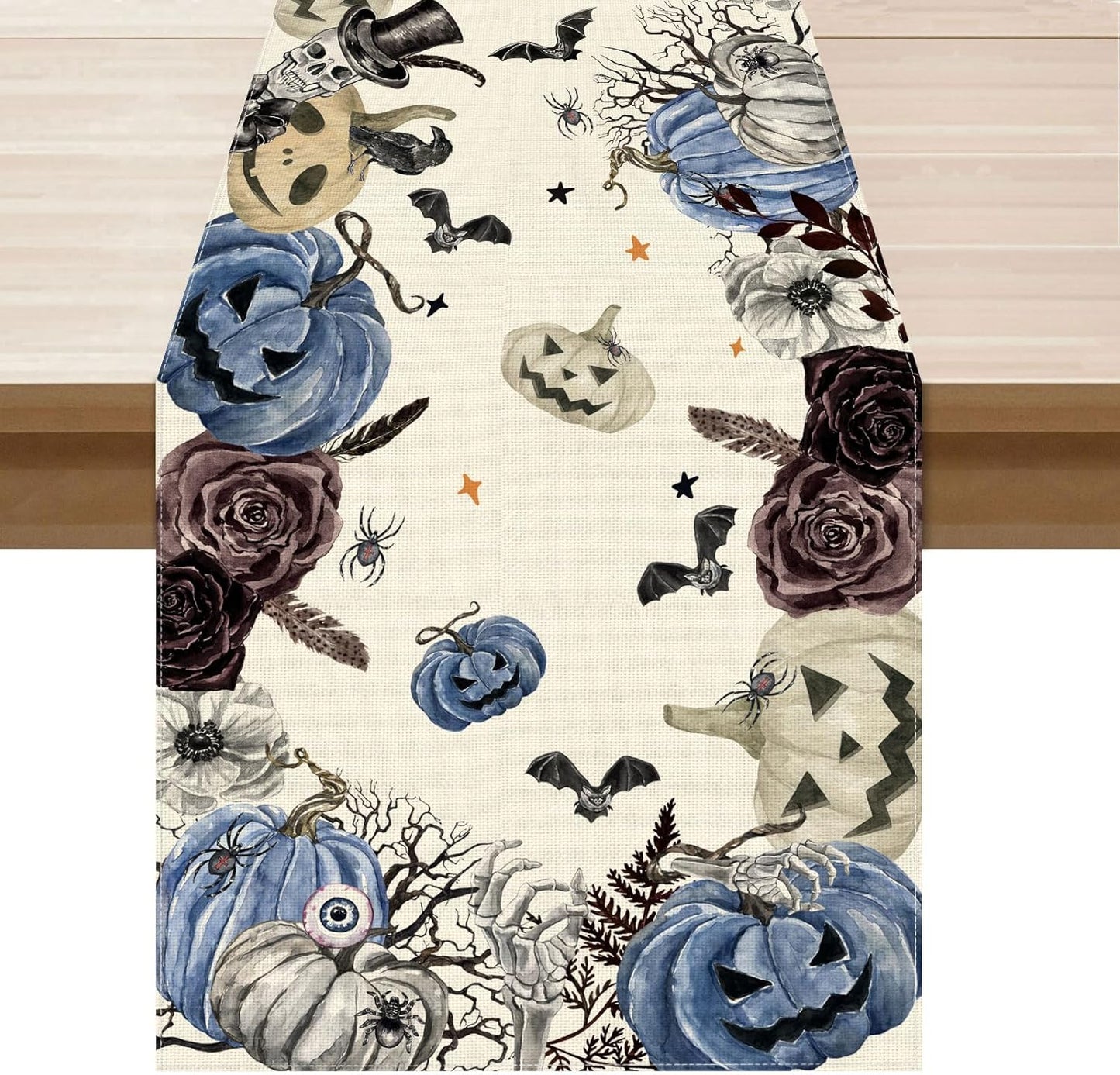 XCHI Spooky Blue Pumpkin Halloween Table Runner Party Table Decoration for Home Kitchen Dining Holiday Decor 13x60 Inch