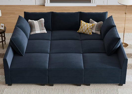 HONBAY Sectional Sleeper Sofa Velvet Sectional Sleeper Couch with Storage Modular Sleeper Sectional Sofa Couch for Living Room,Dark Blue
