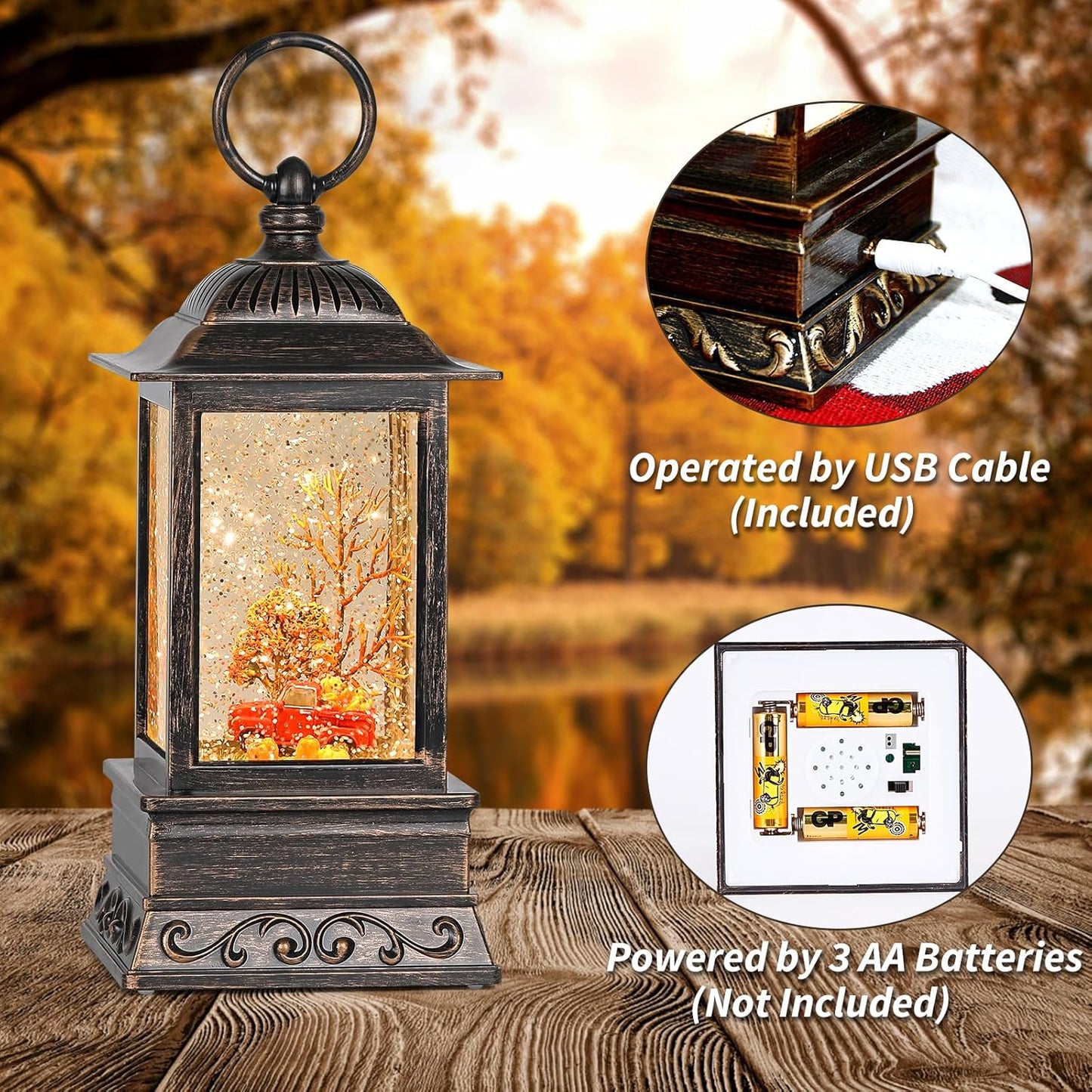 Fall Snow Globe Red Truck Lantern, Glitter Lighted Snow Globes Fall Decorations for Home, Light Up Snowglobe Fall Décor