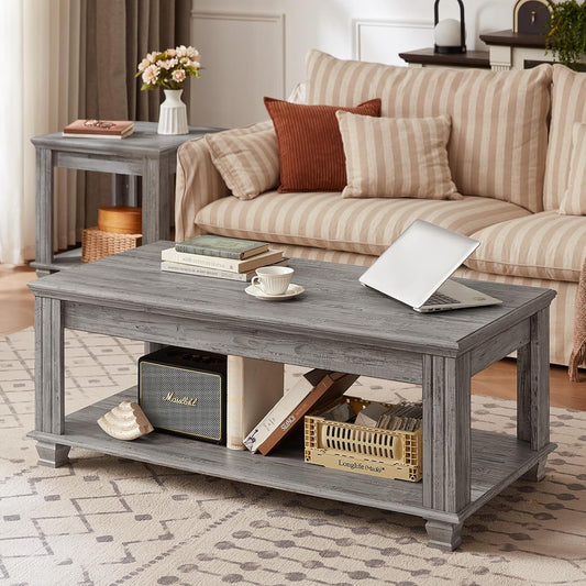 Farmhouse Coffee Tables for Living Room,Square Tea Table with Open Storage Shelf,Large Coffee Table,Rustic Wooden Center Table,Gray