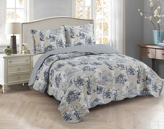Brilliant Sunshine Blue Toile in Beige and Ivory Patches, 3-Piece Quilt Set with 2 Shams, Reversible Bedspread, Soft Lightweight Coverlet, All-Season, Full/Queen, Blue