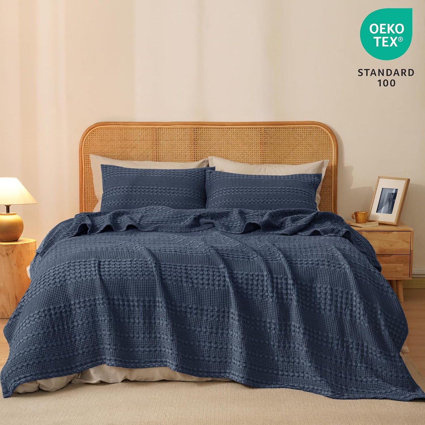 PHF 100% Cotton Waffle Weave Blanket Queen Size, Soft Lightweight Breathable Cozy Summer Blankets for Bed, Luxury Aesthetic Woven Bedding for Home Decor, 90"x90", Dark Navy