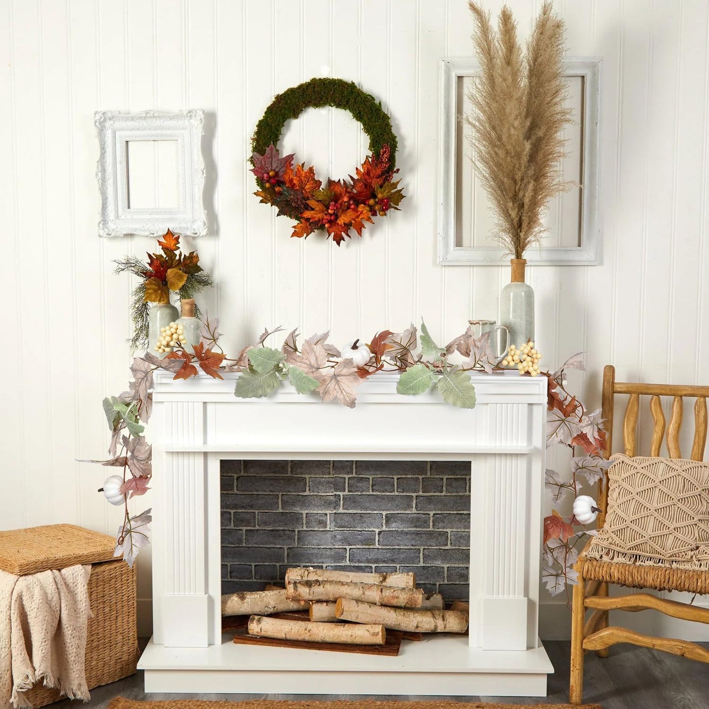 Fall Maple Leaf Garland, Hanging Vine Artificial Autumn Foliage Decoration for Thanksgiving, Home, Wedding, Fireplace, Party, Christmas (White)