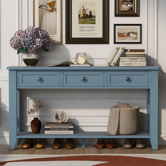 Farmhouse Modern Entryway Console Table 55.4'' Long Entry Sofa Table with Drawers & Storage Shelf for Living Room Hallway, Blue