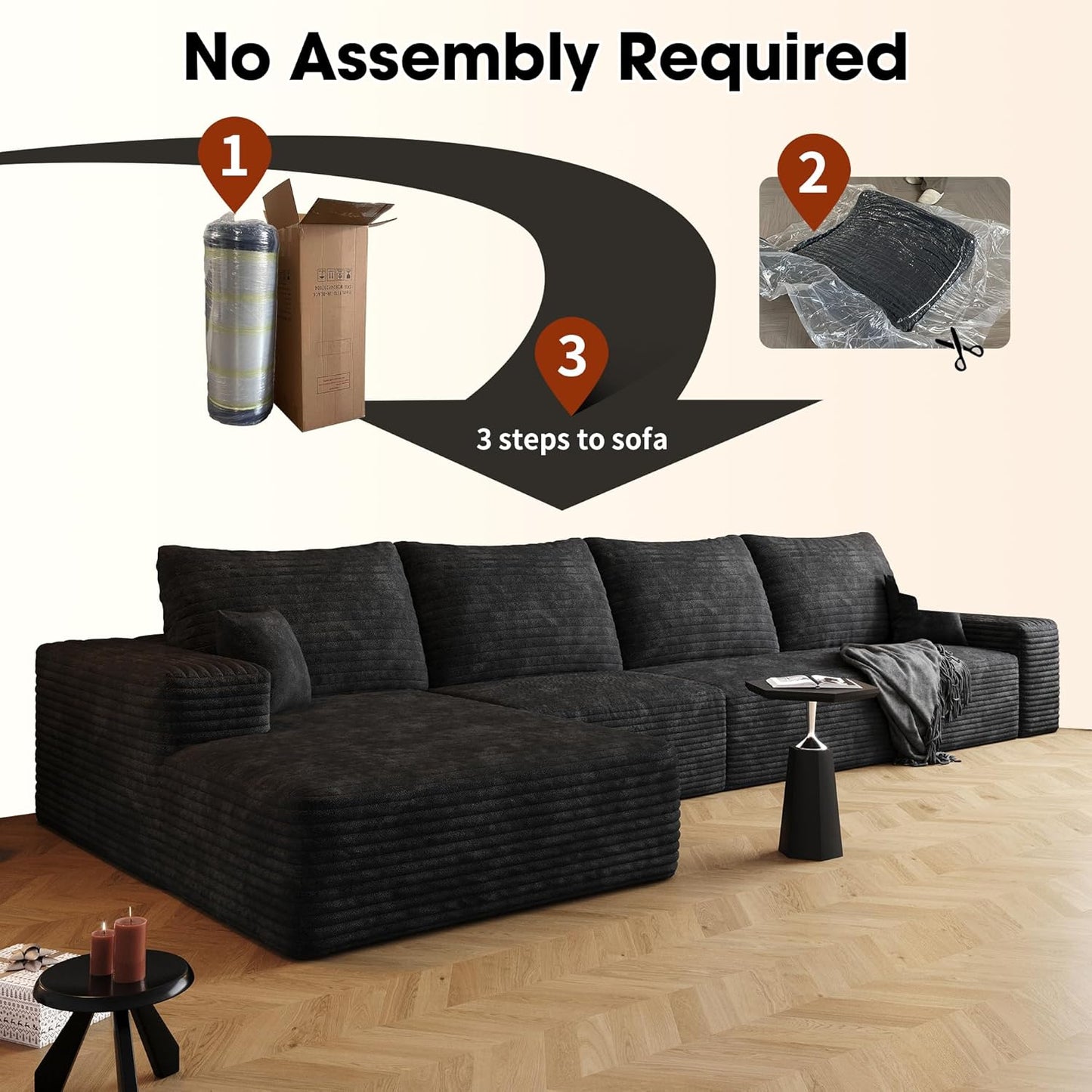 136" Sectional Couches for Living Room Modern Modular Sofa with L-Shape Couchs Upholstered Boneless Couch Deep Seat Sectional Couch with Chaise (Black, Left Facing Chaise+3Seaters)